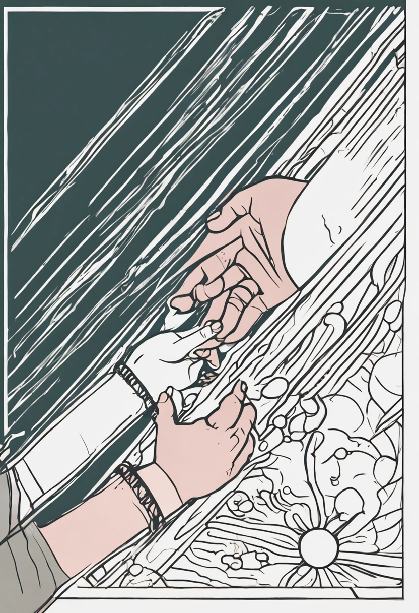 Create image of mother's hand holding baby's hand in minimalist line drawing style