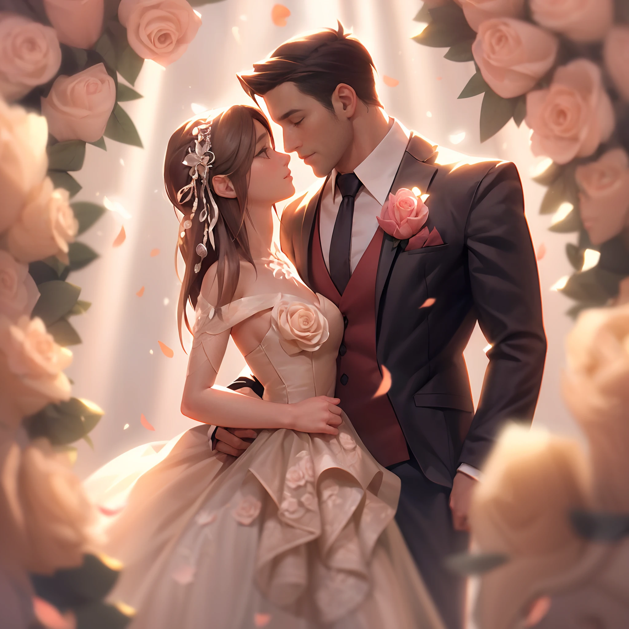 cinematic angle,( Lovely couple are Kissing,anatomically correct,full body,Masterpiece roses AND tuli,Masterpiece Wedding dress,),(illustration,paper art,a 3D render),(extremely colorful, Best quality, high detailed, Masterpiece, Cinematic Lighting, 4K, Chiaroscuro)