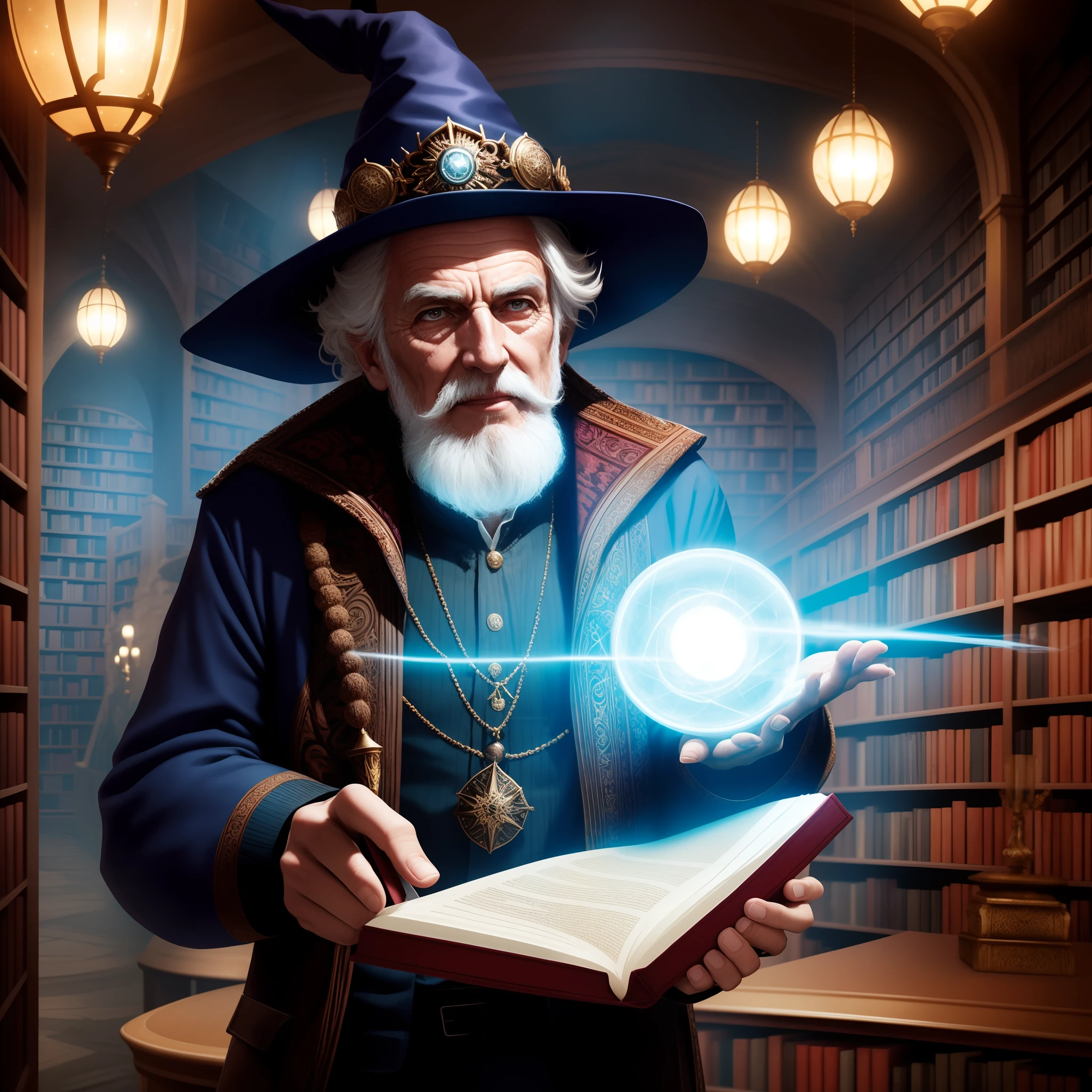 Style-NebMagic, an award winning masterpiece character concept art of solo, up close,a wizard holding up magic spellbook pulsing with celestial Style-Nebmagic, magic book, wrinkled skin, fantasy wizard hat, jovial, short old man, inside a ((magical library)) where the ceiling is made of stars, full body, close up, looking at viewer, mysterious ambiance, mystery, intrigue, laughter, dynamic lighting, beautiful lighting