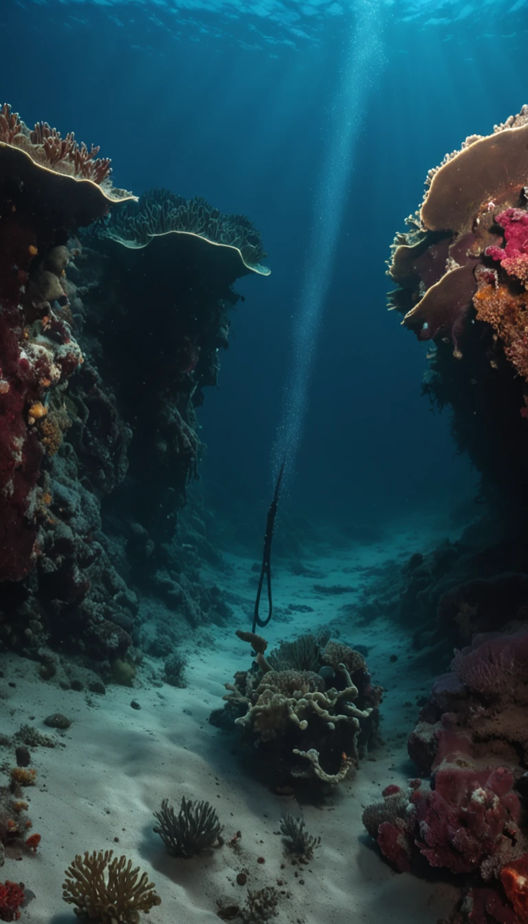 a CHROME ANCHOR stuck at the bottom of a DEEP Ocean floor, shafts of sunlight filtering through the ocean's surface, illuminating the hidden world beneath, create a captivating underwater scene. vertical panorama, Ultra Wide View. UHD, masterpiece, award winning photo