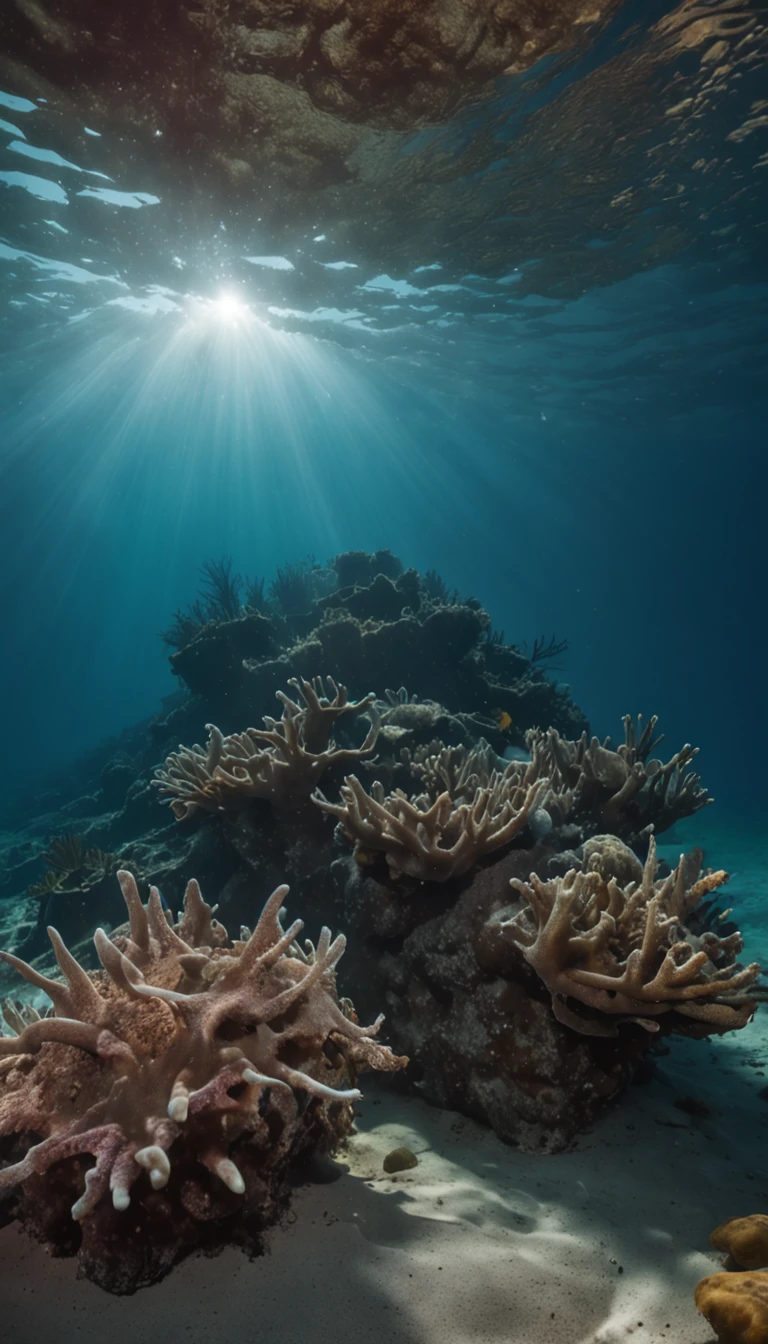 a CHROME ANCHOR stuck at the bottom of a DEEP Ocean floor, shafts of sunlight filtering through the ocean's surface, illuminating the hidden world beneath, create a captivating underwater scene. vertical panorama, Ultra Wide View. UHD, masterpiece, award winning photo