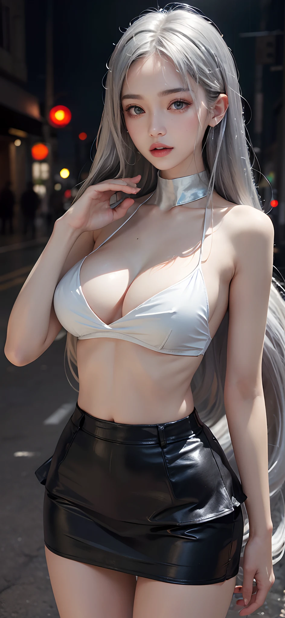 ((Best quality, 8k, Masterpiece :1.1)), Sharp focus :1.2, A Pretty Girl with perfect figure :1.4, Slender abs :1.2, ((Layered silver long hair, Big breasts :1.2)), White tight shirt, very short black skirt, Open top button shirt show nipples , detailed nipples  , naked, no bra, ((Naked)) , Rain :1.5, Street:1.3, Highly detailed face and skin texture, Detailed eyes, Double eyelid