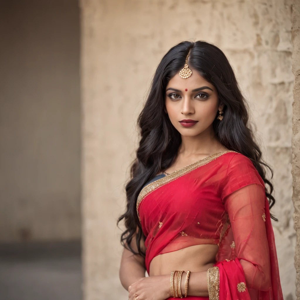 A young Indian woman with golden eyes, black long wavy hair, and fleshy lips stands in a frontal position wearing a vibrant red sari.