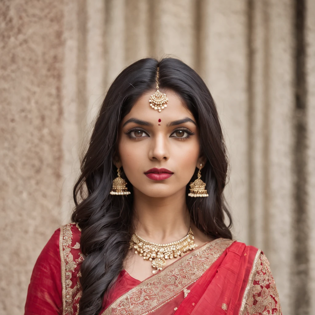 A young Indian woman with golden eyes, black long wavy hair, and fleshy lips stands in a frontal position wearing a vibrant red sari.