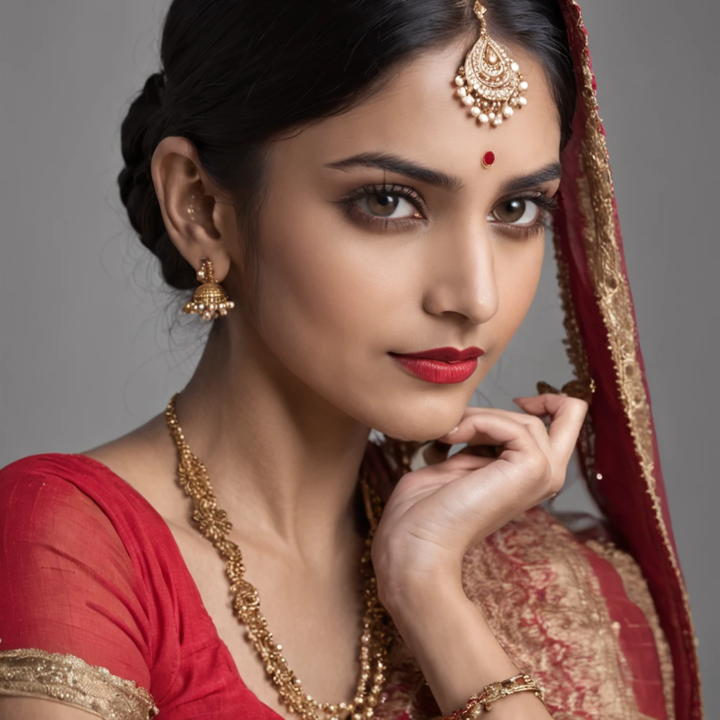 A young Indian woman with golden eyes, black long wavy hair, and fleshy lips stands in a frontal position wearing a vibrant red sari.