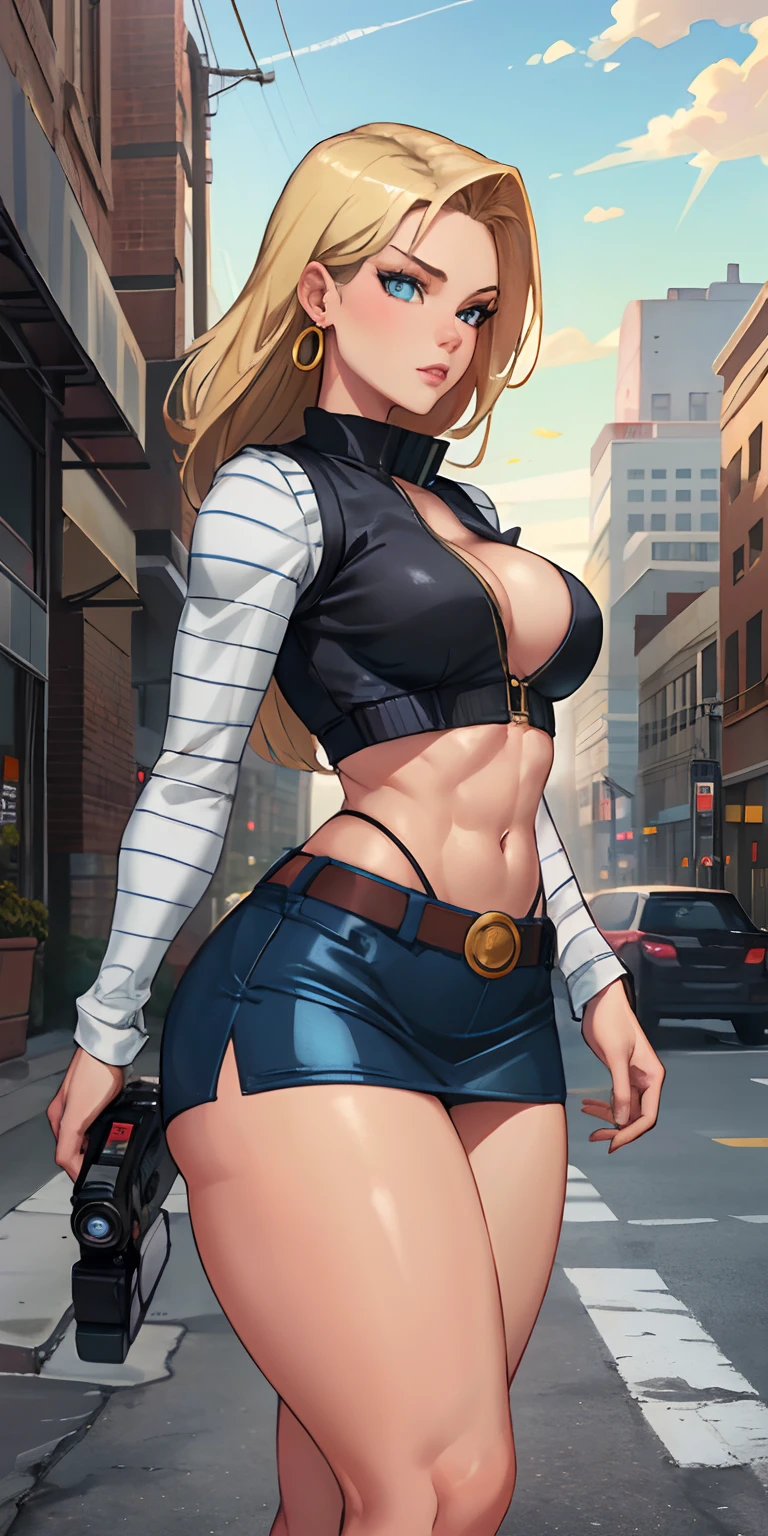 unparalleled masterpiece, ultra realistic 8k CG, perfect artwork, (1girl:1.1) , solo, ((perfect female figure)), (nsfw), looking at viewer, mature female, bimbo (android 18) standing, (teasing), best quality:1.1 , seductive posture, sexy pose, alluring, (beautiful), (curvy), (thick), blonde hair, (blue eyes:1.2), black hair, earrings, jewelry, denim vest, open vest, black pantyhose, green shirt, denim skirt, striped long sleeves, blue skirt, toned legs, fit, (abs:1.1), (big butt:1.4), peach ass, (athletic body:1.2), (large breasts:1.3, (big_breasts:1.1), wide_hips:1.5, narrow waist, small waist:1.5, slender body:1.2, thick thighs:1.3), (shiny skin:1.2), (hdr), (street:1.2), Nikon D850 film stock photograph Kodak Portra 400 camera f1.6 lens, rich colors, lifelike texture, dramatic lighting, unreal engine, midnight NY downtown, trending on ArtStation, by Gerald Brom, by Frank Frazetta, by Luis Royo, by Julie Bell, by Boris Vallejo