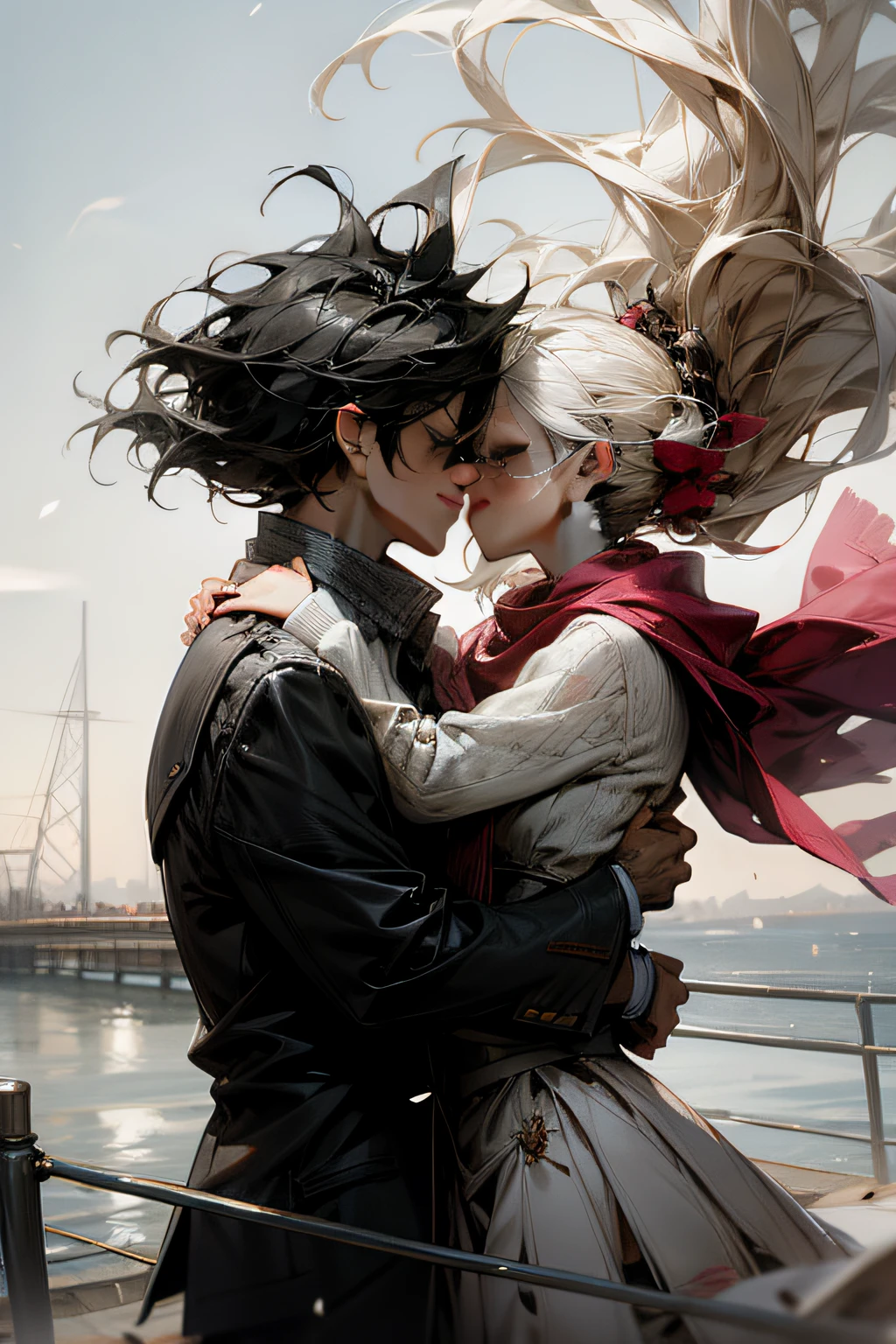 Romantic couple kissing in the wind