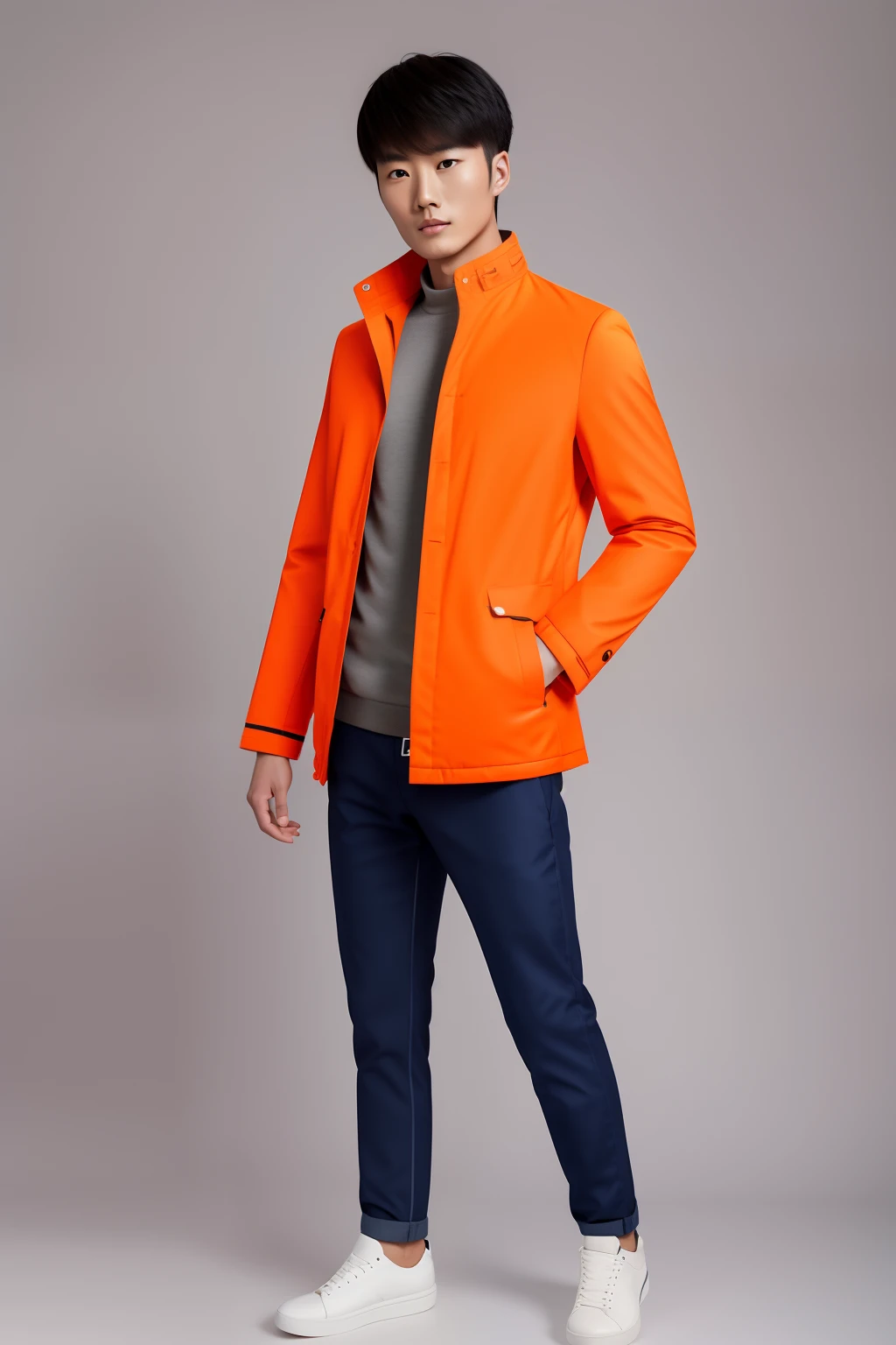 A Chinese male model wearing an orange jacket,Full body photo standing in front of white background。Use the Canon EOS R5 camera,Captured from a low-angle,Use standard lenses to capture the model's entire outfit,And show his height of 185cm。The photo scale is 9:16。