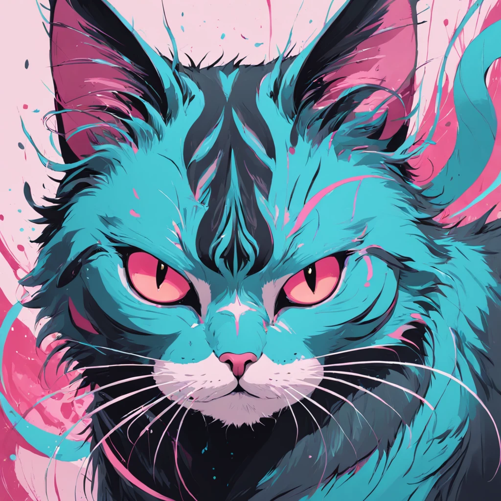 Gato na arte, Cor principal: Preto, Secondary colored cyan, Fundo rosa pastel, artistic, sofisticado, Estilo acolhedor, As formas incluem gatos abstratos, Playful forms, Elegant piece, As texturas incluem texturas de pele, pintura lisa, textura do tecido, Lines contain graceful lines, Curvas naturais, Silhueta delicada, The shape is elegant, approachable, Expressivo, aesthetic.