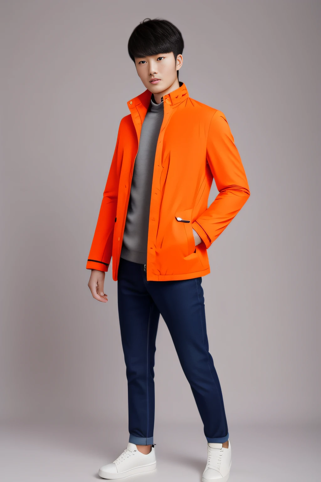 A Chinese male model wearing an orange jacket,Full body photo standing in front of white background。Use the Canon EOS R5 camera,Captured from a low-angle,Use standard lenses to capture the model's entire outfit,And show his height of 185cm。The photo scale is 9:16。