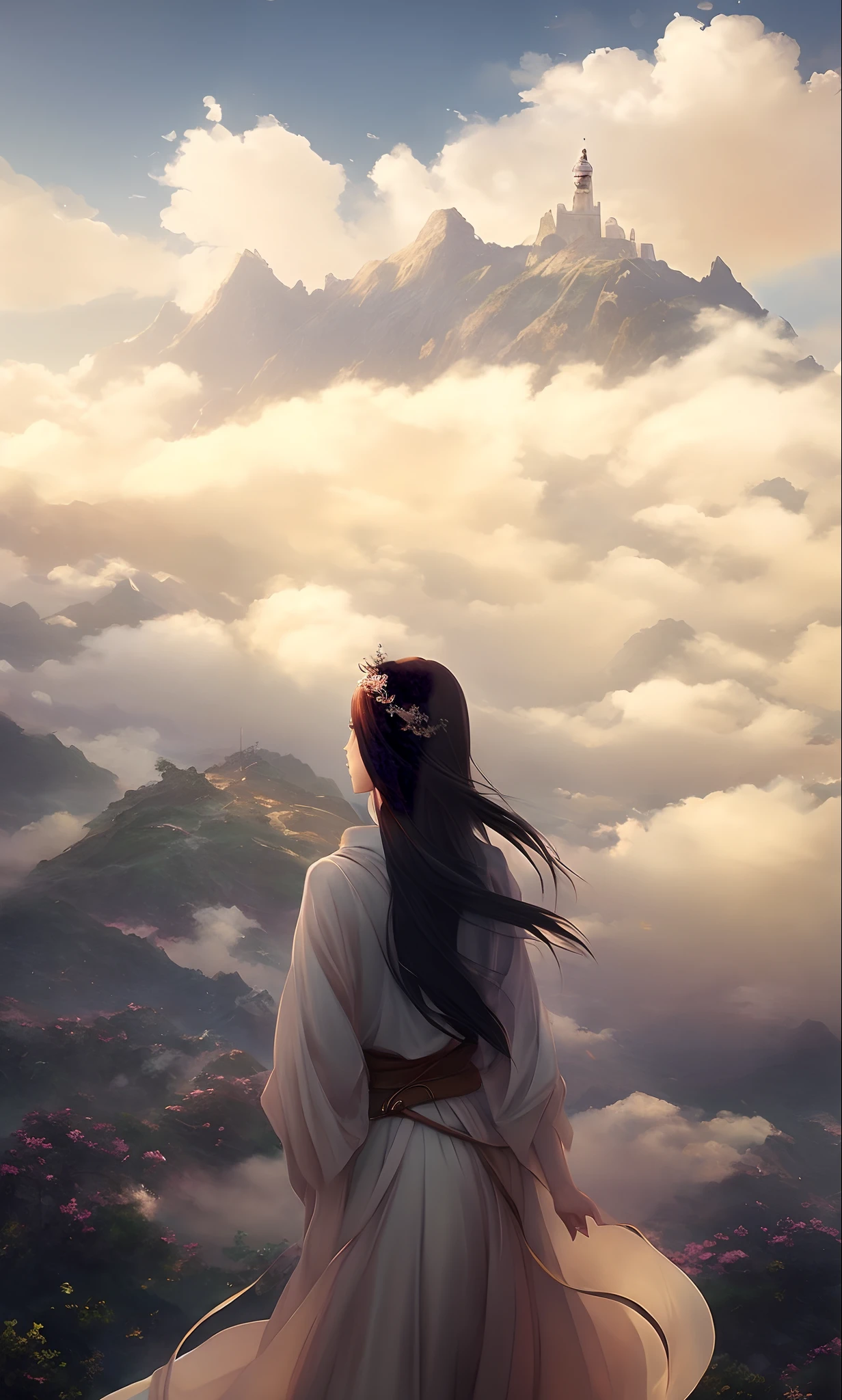 （Positive focus:1.8）, An Arad woman in a white dress stands on a hill above the clouds, (looks into camera, beauitful face:1.5)，upon the clouds, Among the clouds, Guviz-style artwork, by Yang J, ross tran. scenery background, wanderer above the sea of fog, author：FAN Qi, dramatic concept art, 2. 5 D CGI anime fantasy artwork, Makoto Shinkai Cyril Rolando