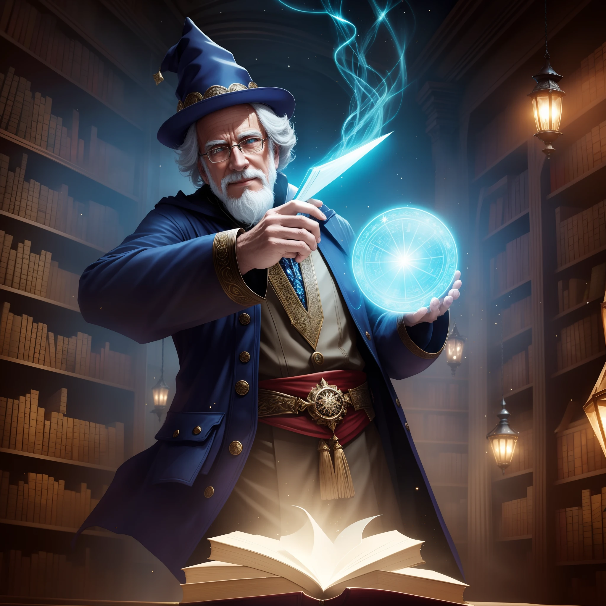 Style-NebMagic, an award winning masterpiece character concept art of solo, up close,a wizard holding up magic spellbook pulsing with celestial Style-Nebmagic, magic book, wrinkled skin, fantasy wizard hat, jovial, short old man, inside a ((magical library)) where the ceiling is made of stars, full body, close up, looking at viewer, mysterious ambiance, mystery, intrigue, laughter, dynamic lighting, beautiful lighting