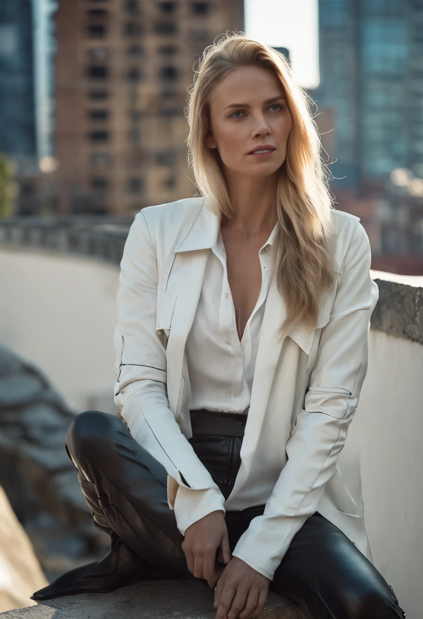 upper body shot of blonde blue eyed woman in a white shirt and black leather pants sitting on a ledge on rooftop, business clothes, panoramic view of city, Raw photo, highly detailed skin ,8K UHD, dslr, soft lighting, high quality, film grain, Fujifilm XT3.