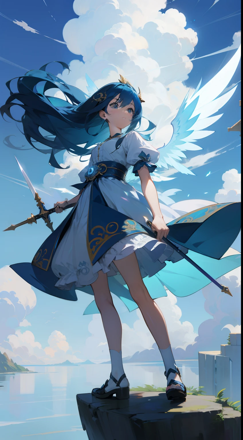 Anime girl standing on a rock with sword in hand, sky, cloud, glowing wings, minimarist background, ornate hairpin, long hair floating with wind, bluewish dress