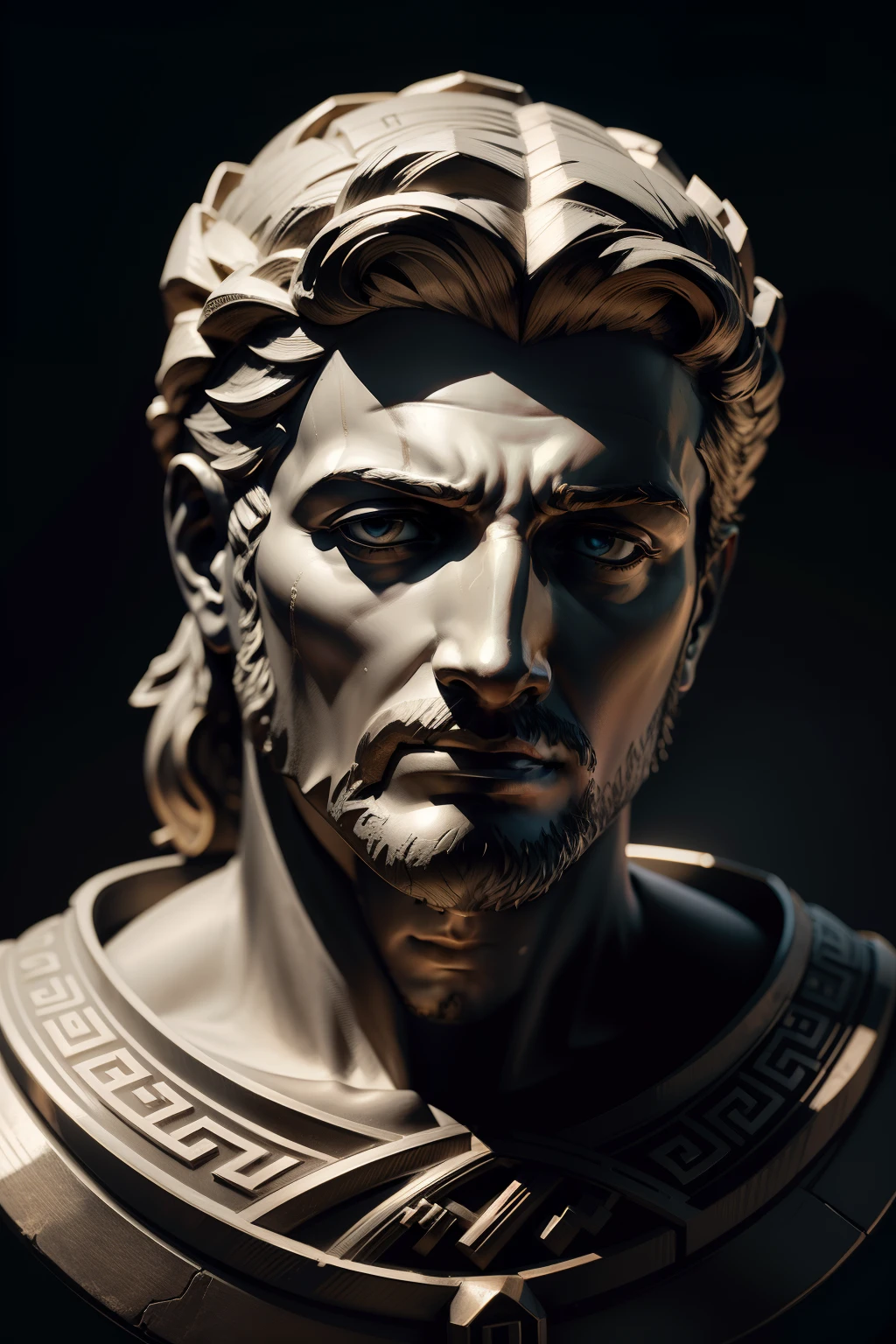Stoic Greek head bust, 8k, dark cinematic background