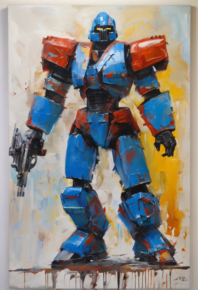 Megaman X, 7 foot tall robot transformers look, full blue armor, full blue helm but open mouth area, large size blue boots up to knee, running at view, large arm weapon aim at view