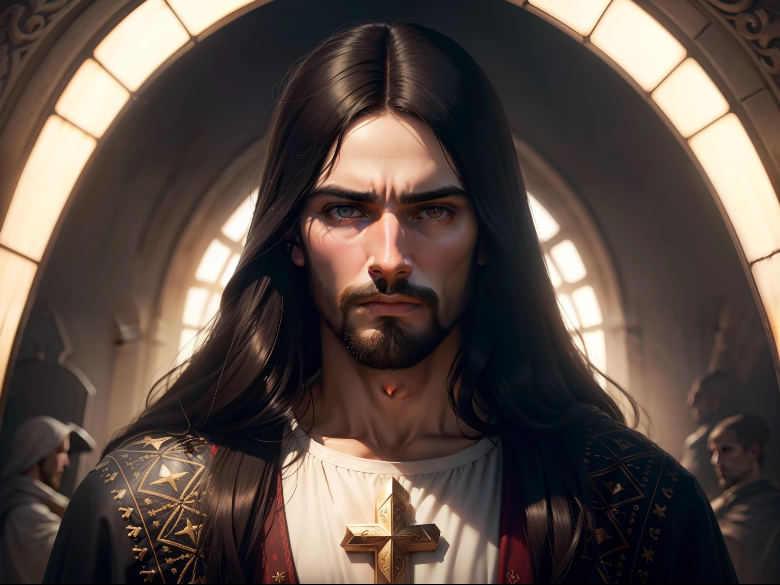 Jesus Cristo Masculino Voltado para a Frente, Jesus Christ of Nazareth. High detail, Realismo social, surrealismo, profundidade de campo, Cinematic lighting, chromatic aberration, reflection light, ray tracing, artefatos JPEG, super detalhe, High detail, alta qualidade, best quality, 16k, retrato