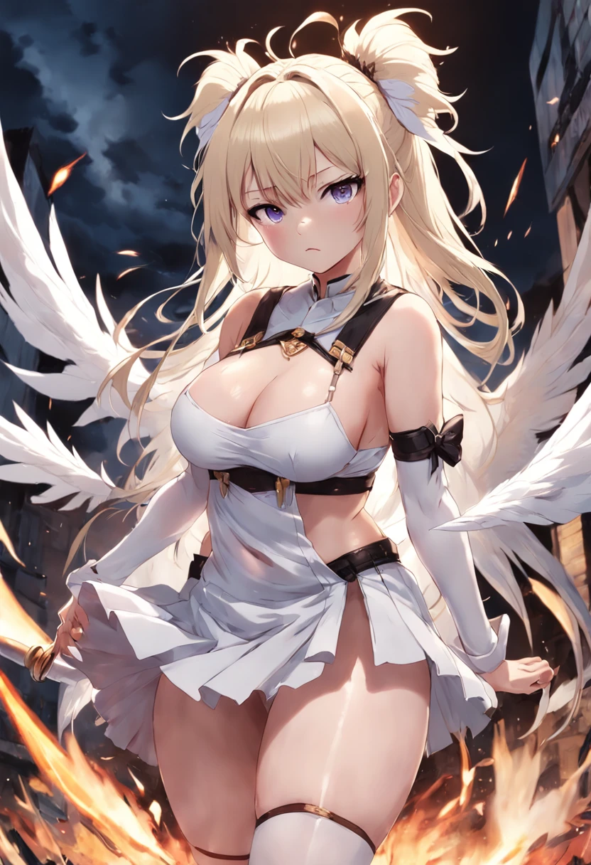 japanese anime style。illustratio。Dark Fantasy。White feathers。girl with。a blond。undergarment。natta。battle field。Colossal tits。pubick hair。teats。a miniskirt。A little angry。all-fours。