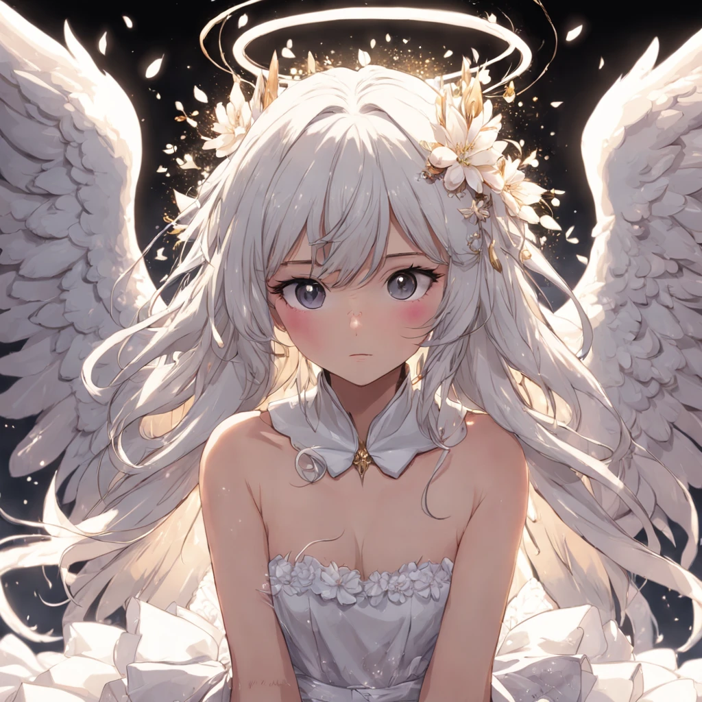 vestida de anjo, cor de fundo branco, cor da roupa branca, cabelo preto, cacheado e curto, detalhes de flores nos cabelos, textura aveludade, pele clara com um rosado na bochecha, vestido de tecido liso, girl's position is on her knees
