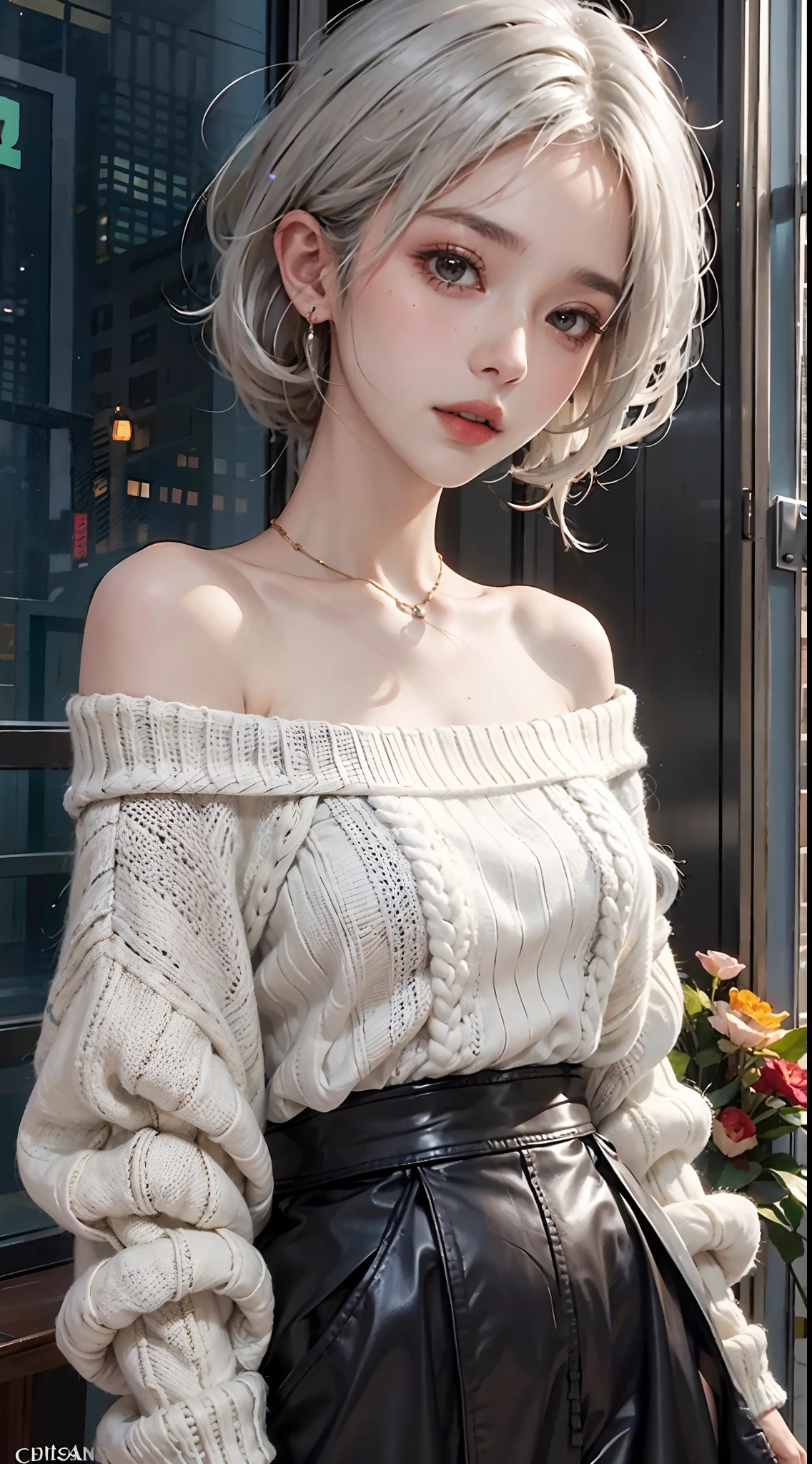 mid-shot, a beautiful woman looking into camera, white hair, off shoulder sweater by Chris Foss autumn lights
