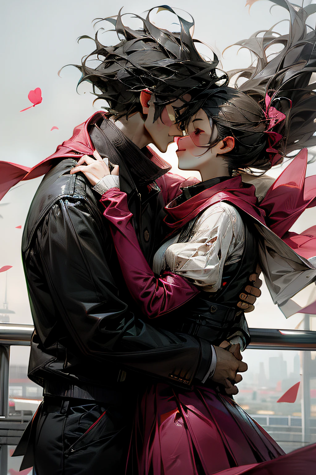 Romantic couple kissing in the wind