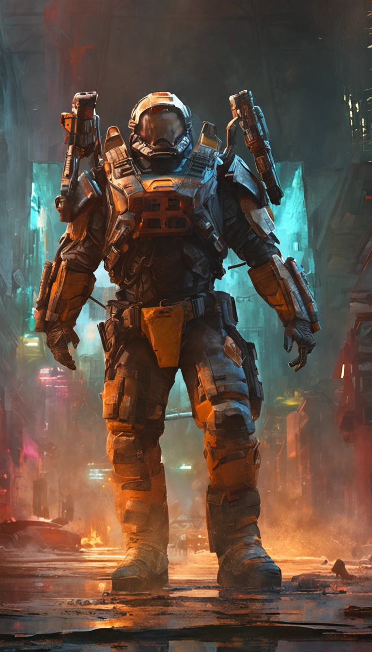 Mola a 25 mm, cinematic film, injection, Vista frontal superior do corpo, Centrado, CGI premiado, perfect angle, {(Cyberpunk Advance Soldier:1.4), (Detailed advanced weaponry), grelha fundida + bras, (action pose), Detailed advanced helmet}, (Detailed dystopian gothic dystopian background Destroyed city:0.7), Dominando, confiante, (circunstanciado, Ultra Detalhado:0.7, Detalhe mais fino, intrincado), vivid color, fotorrealista, Epic movie poster, (epic proportion, Epic composition, epic science fiction, epic fantasy), 3 d renders, RTX, octan render, fotorrealista, hyper realistic, Volumetric lighting, neon reflection, reflection, ray tracing, global ilumination, profundidade de campo, sombra suave, brilho neon, trending on ArtStation, disco Rigido, Hard disk, 64 mil, 128 mil, trabalho profissional, master part, Greg Rutowski,