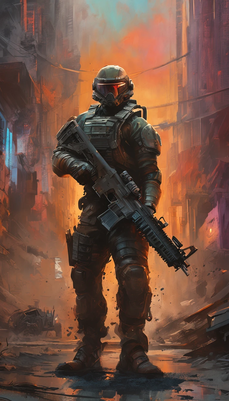 Mola a 25 mm, cinematic film, injection, Vista frontal superior do corpo, Centrado, CGI premiado, perfect angle, {(Cyberpunk Advance Soldier:1.4), (Detailed advanced weaponry), grelha fundida + bras, (action pose), Detailed advanced helmet}, (Detailed dystopian gothic dystopian background Destroyed city:0.7), Dominando, confiante, (circunstanciado, Ultra Detalhado:0.7, Detalhe mais fino, intrincado), vivid color, fotorrealista, Epic movie poster, (epic proportion, Epic composition, epic science fiction, epic fantasy), 3 d renders, RTX, octan render, fotorrealista, hyper realistic, Volumetric lighting, neon reflection, reflection, ray tracing, global ilumination, profundidade de campo, sombra suave, brilho neon, trending on ArtStation, disco Rigido, Hard disk, 64 mil, 128 mil, trabalho profissional, master part, Greg Rutowski,