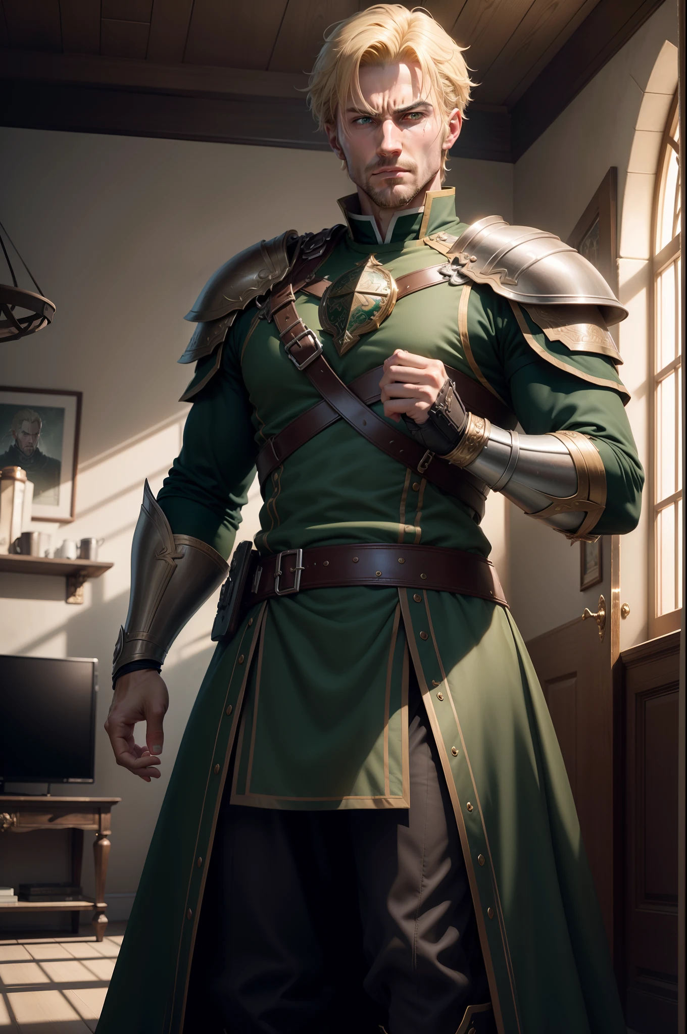 realistic 8k image of a handsome 30 year old man, blond with short hair, strong, extremely detailed green eyes, dressed in dark cleric clothes and with dark green shoulder pads rpg warrior style, angry expression, standing in a living room interrogation, anime style artwork
