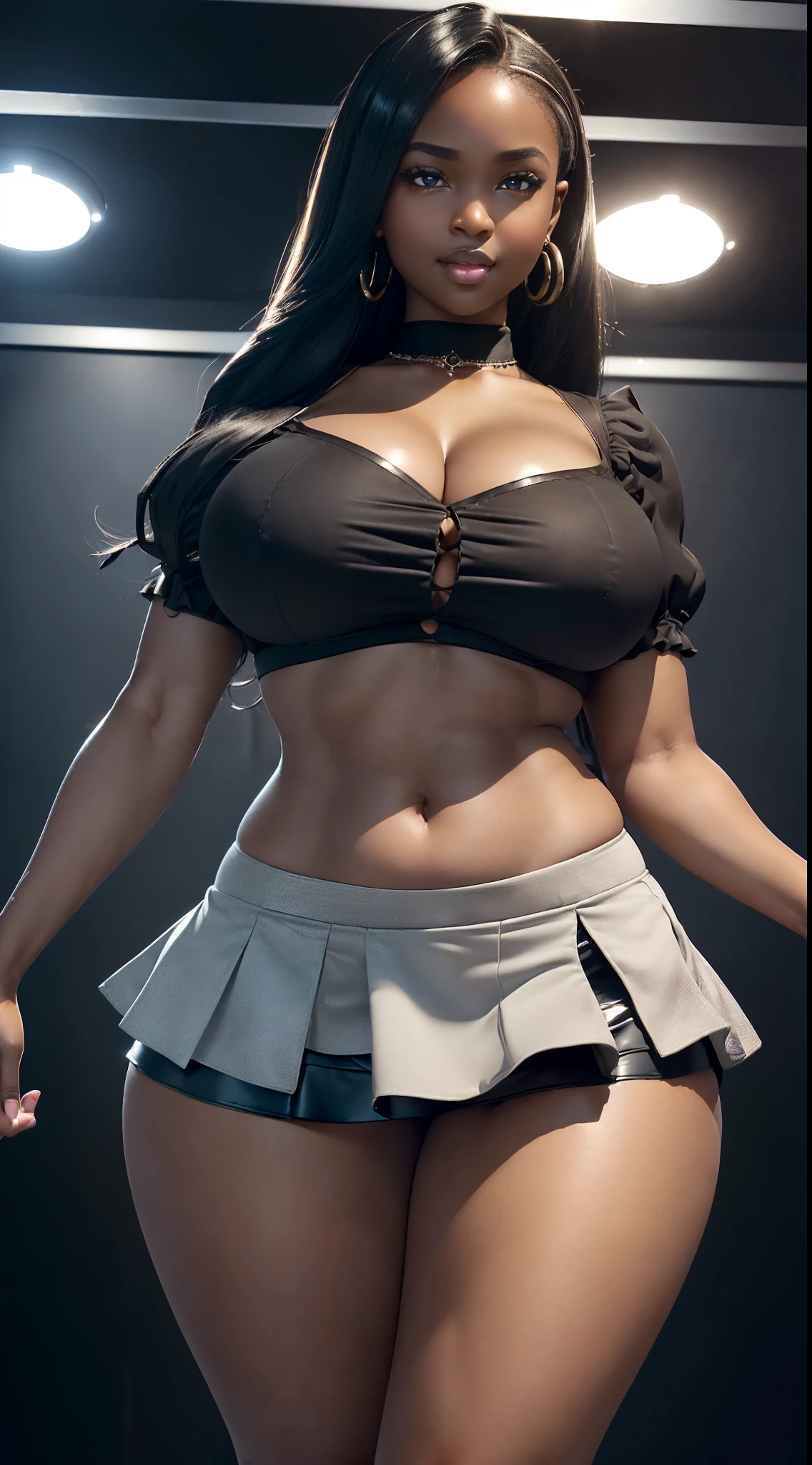 (ultra high definition), (ultra high definition), (full sharpness), (maximum quality), (Cinematic), (8k), (very black Girl), ((very tall girl), ((chubby)), ((extremely beautiful)), (alone), ((full body)), (ultra detailed face), (ultra detailed eyes), (ultra realist eyes), (perfect body), (delicate hands), (very detailed hands), (studio lighting), ((front view)), (very sexy), (big smile), (soft skin), (very insinuating), ((perky butt)), (((wearing mini skirt and mini blouse))), ((ultra wide hips)), (very thick thighs), ((very thin waist)), (very small breasts), (very big ass), (natural skin), (unique), (totally realistic), (very hot), (very fat ass), (very wide ass), (so sweet), temptation), (very wide pubis), (broad bones), (very round ass), ((no belly)), ((flat belly)), ((always the same face)), ((repeat always the same face)), ((always the same body)), ((always the same proportions))
