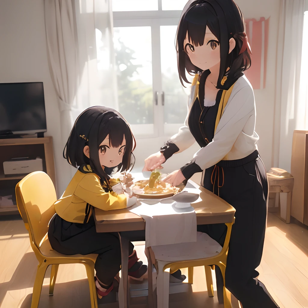 (masutepiece, Best Quality, Capture super cute moments, depth of fields, ultra-detailliert, Ultra High Resolution, C4D, Octadale, 3D Modeling, 8K, one girls、25-years old、A dark-haired、straight haired、Light brown eyes,hair adornments、Yellow jacket、Black pants、(ssmile)、2 yo girls、Red clothes、(Mother and daughter)、(Being in the living room)、(meal together)(sit on the table)、Child sits in a high chair