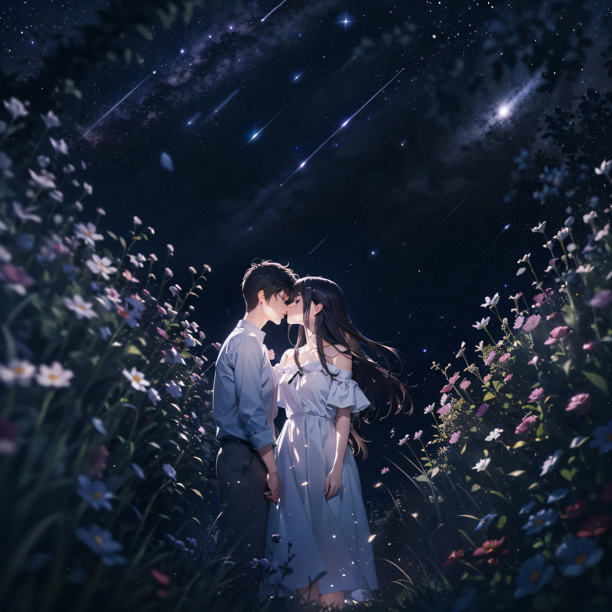 She and he lay face down in a field full of highland flowers,、Looking up at the night sky.、Maybe it's because it's cold., Their breath looks pale white.、The light source is a star in the night sky々Light only、She suddenly turns to him and blushes、A shooting star visible from the position of the head flowed into the night sky.、The area is pitch dark、In the darkness、masutepiece、realisitic、Passionate kiss、Highly detailed background,Realistic,ultra-detailliert,super detailed skin,light glow,Film grain,Expro II,Lens Flare,Sharpen,cinematic shadow