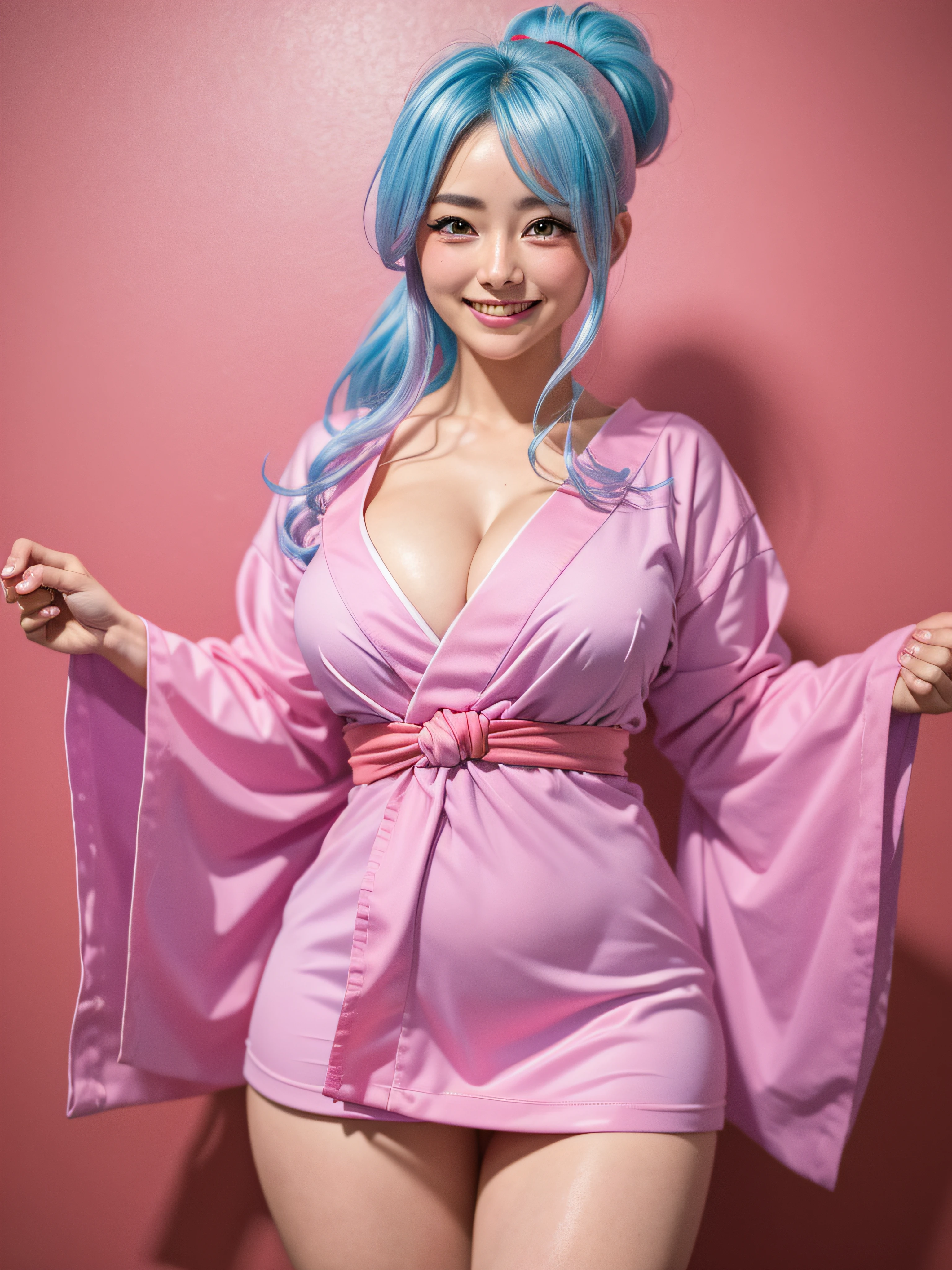 masterpiece, absurdres, vibrant, botan, solo, female, sky blue ponytial, pink eyes, oval face, blush, smile, medium breast:1.8, pink yukata , anatomically correct body, cowboy shot