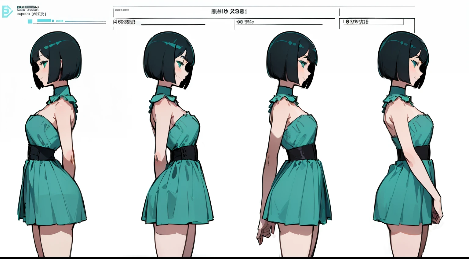 ((Best Quality)) ((Masterpiece)) 1girl, 19 year old, black hair, pixie bob haircut, sleepy happy face ((( light turquoise strapless dress ))) (((mini skirt))) ((( up-skirt ))) ((slender)) (busty) ((sexy dress)) (((detailed character sheet, frontal view, side view, three quarter view))) (((white background))) 6 and a half heads full body