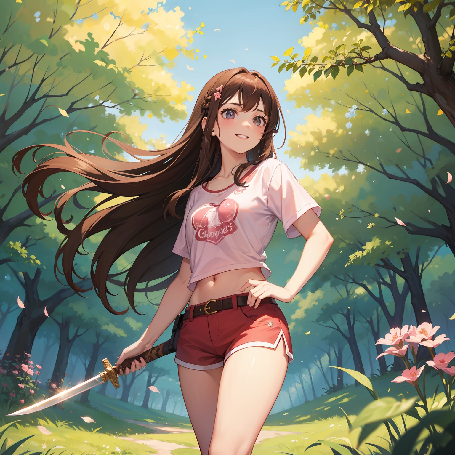 white girl, brown hair, sword in one hand, pink bra, camiseta branca, Red shorts, olhos vermelhos, cicatriz no rosto, grande sorriso, in a field full of trees