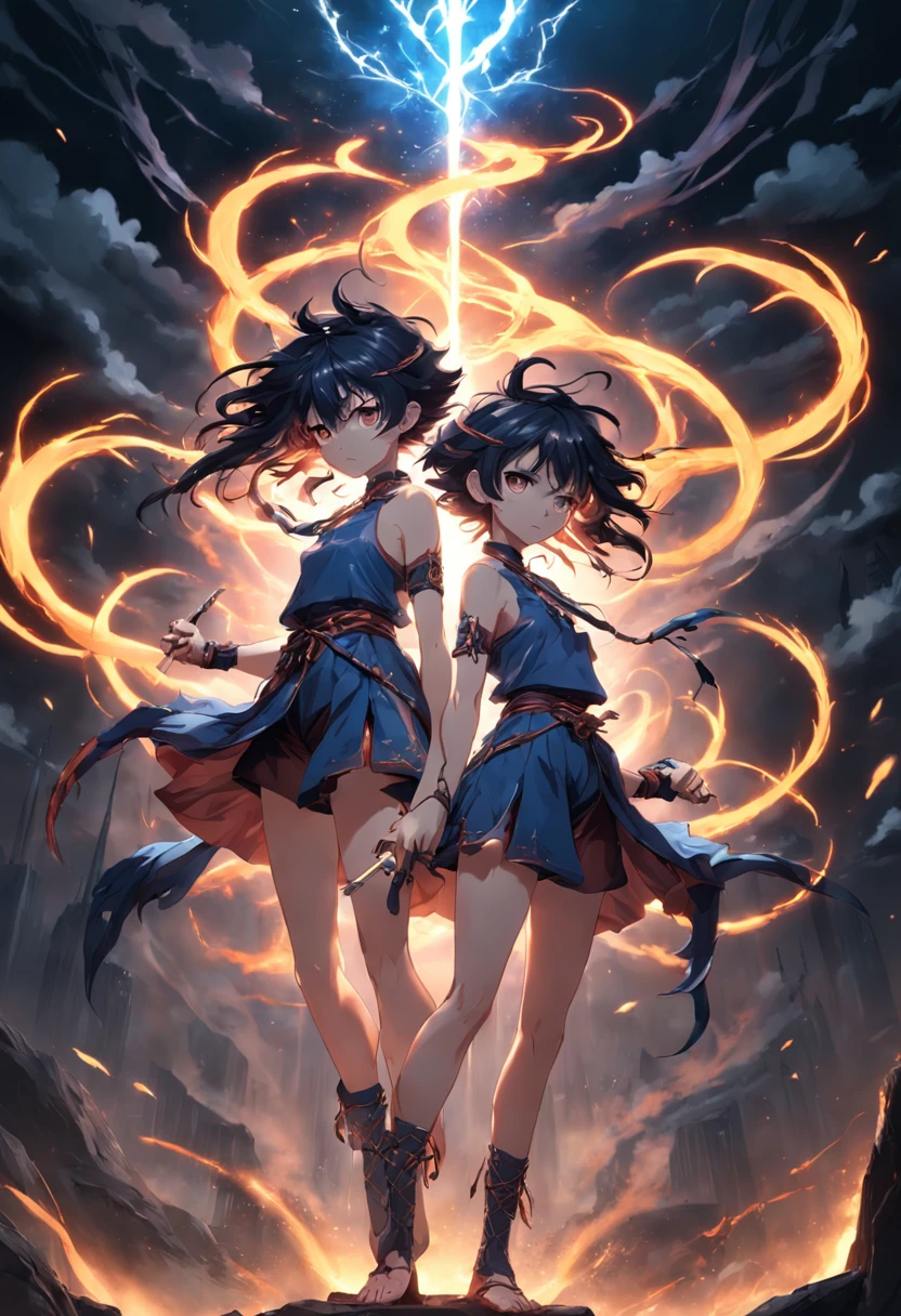 "sinister atmosphere, electric power, mysterious twins, wielding sharp spears, trendy shorts and tunics, voluminous and wild hair, adorned anklets, intertwined roots, embracing the essence of dark academia." masterpiece, 3d-rendering, fighting something,