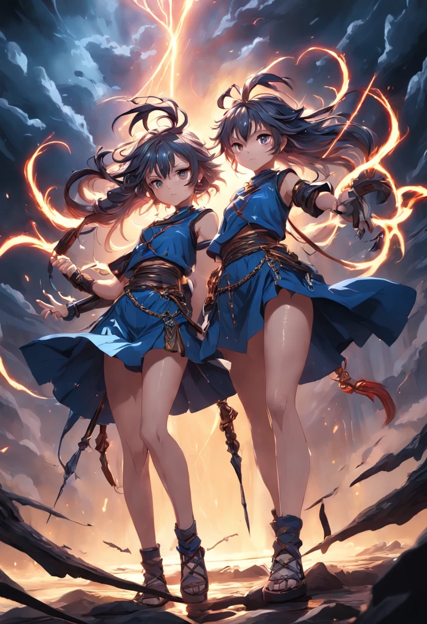 "sinister atmosphere, electric power, mysterious twins, wielding sharp spears, trendy shorts and tunics, voluminous and wild hair, adorned anklets, intertwined roots, embracing the essence of dark academia." masterpiece, 3d-rendering,  fighting something,