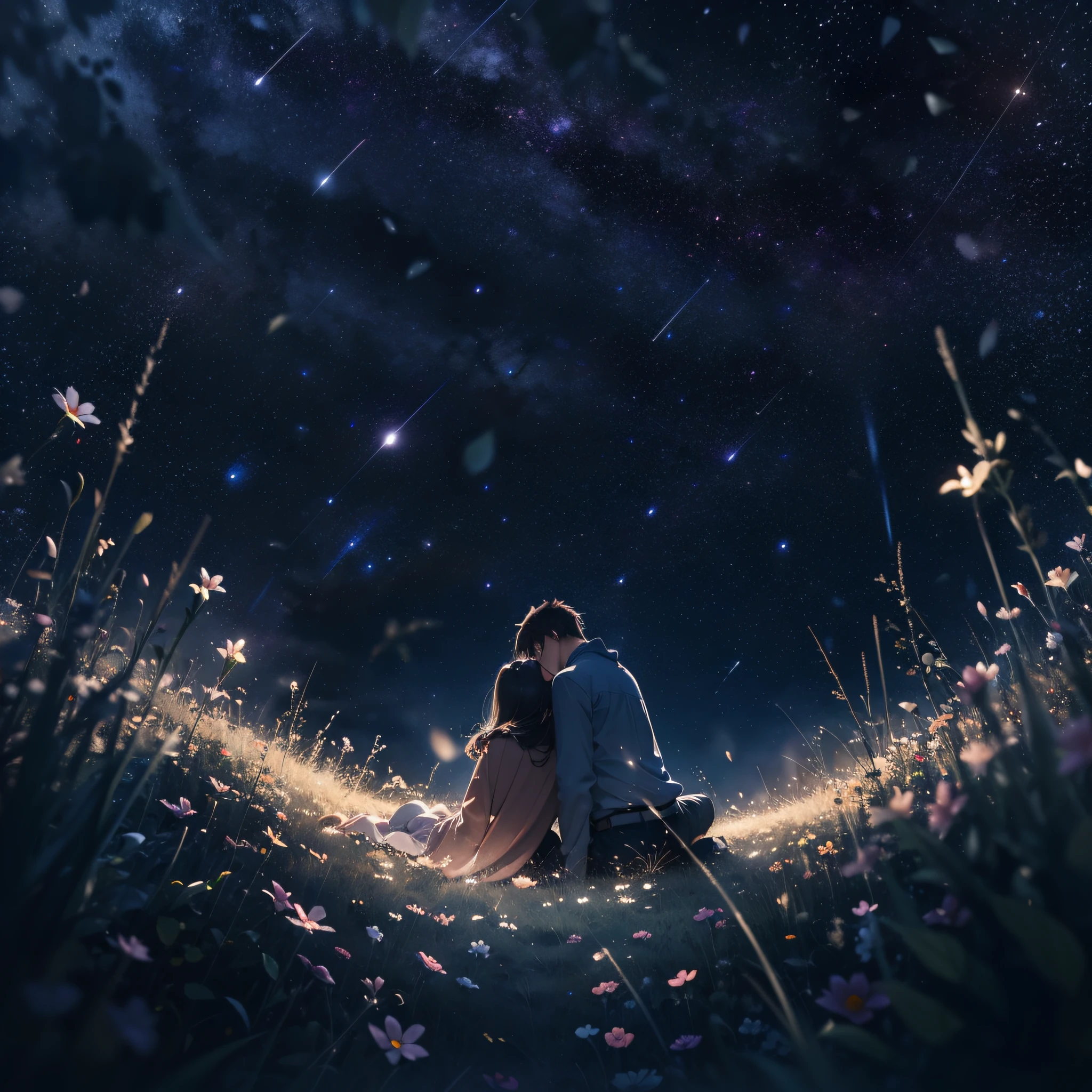 She and he lay face down in a field full of highland flowers,、Looking up at the night sky.、Maybe it's because it's cold., Their breath looks pale white.、The light source is a star in the night sky々Light only、She suddenly turns to him and blushes、A shooting star visible from the position of the head flowed into the night sky.、The area is pitch dark、In the darkness、masutepiece、realisitic、Passionate kiss、Highly detailed background,Realistic,ultra-detailliert,super detailed skin,light glow,Film grain,Expro II,Lens Flare,Sharpen,cinematic shadow