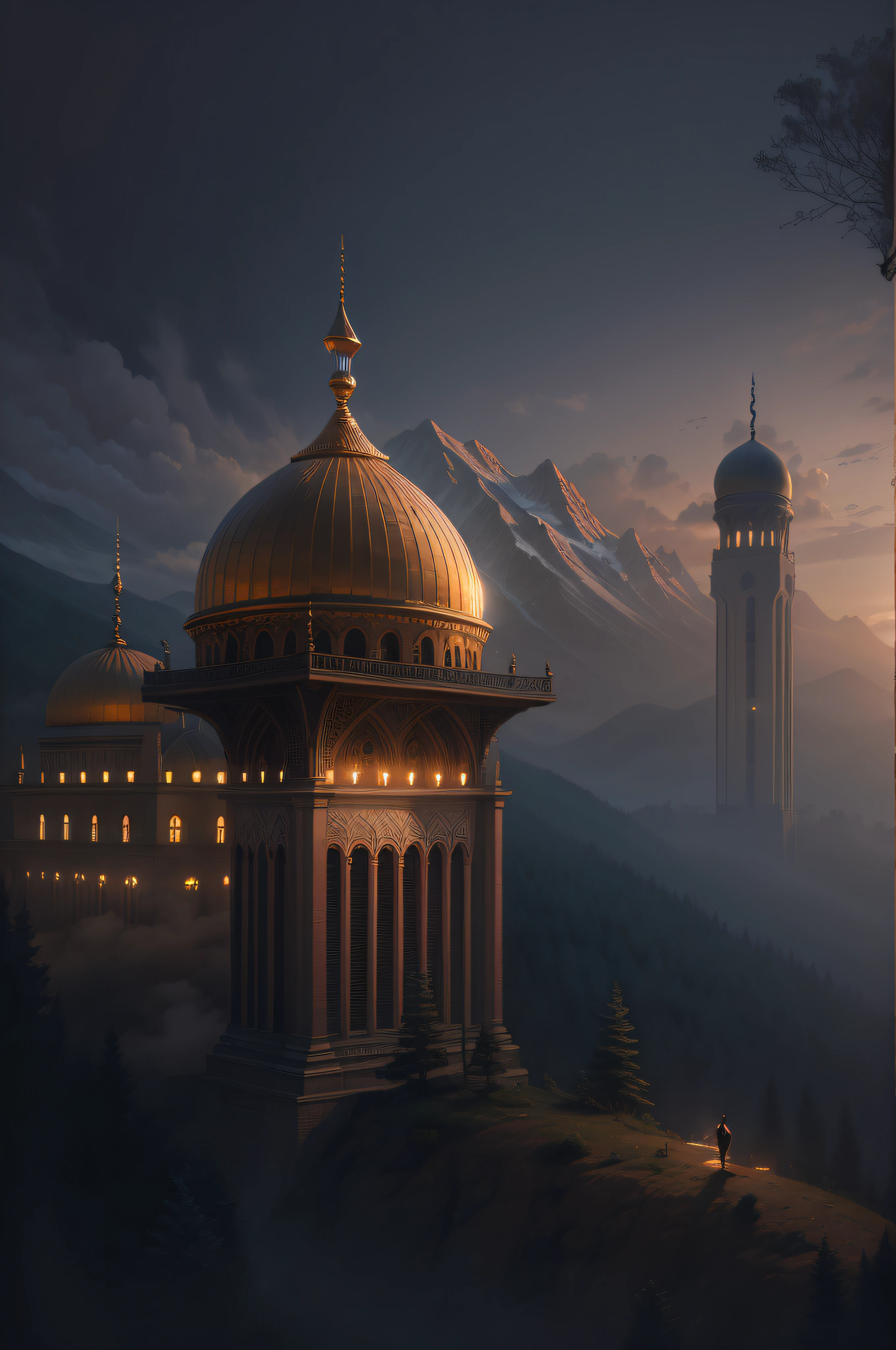 a man in front of mosque building, hight tower, golden dome, epic, fog, dawn, dramatic lighting, dim light, mountain, forest, cliff