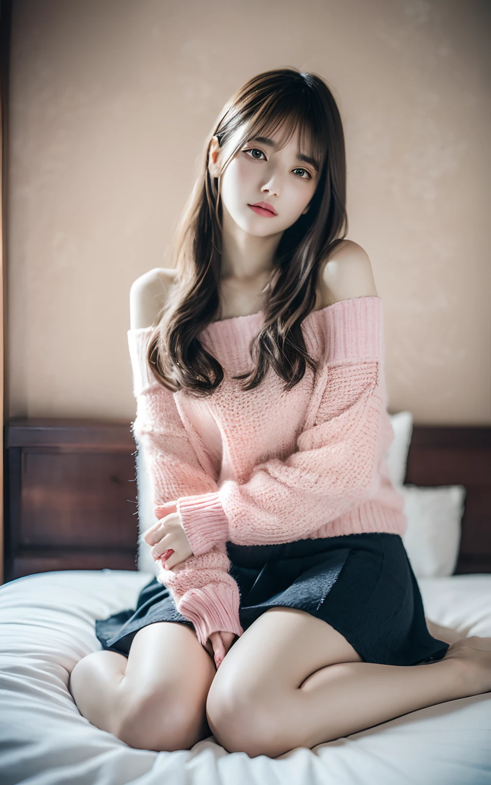 extremely detailed CG unity 8k wallpaper, best quality, ultra-detailed, masterpiece, realistic, photo realistic, extremely detailed cute girl, 25years old, blush, parted lips, dropping eyes, off-shoulder sweater, mini skirt, panty shot, looking at viewer , half body shot  , bed