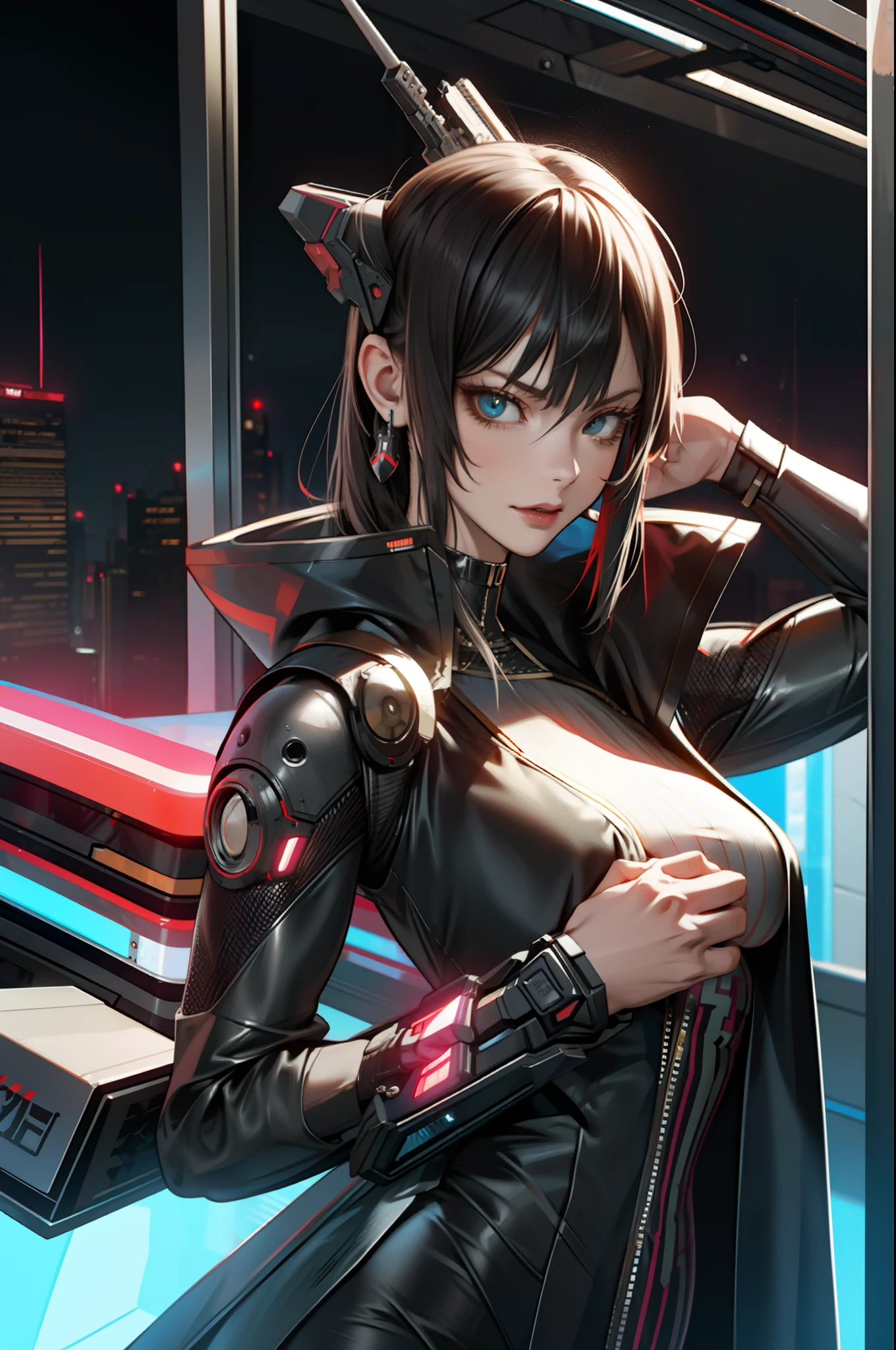 (Masterpiece, Best quality, 8K, Sharp focus, Depth of field, Best shadows, perfect lights, hdr, Realistic skin texture, Ultra detailed backgrounds), Anime style, Long angle shooting, ((Cyberpunk theme)), Solo, 1 woman, She is a mercenary, (Green eyes, White skin, brunette color hair,pony tails, choker necklace, Small breasts, Slim, Makeup, eyes liner, The sheen), She is working in a futuristic Korean city, Hold a technological katana with a strong grip, Night, sky, Waning Moon, Wear a nice tech jacket and leather pants.