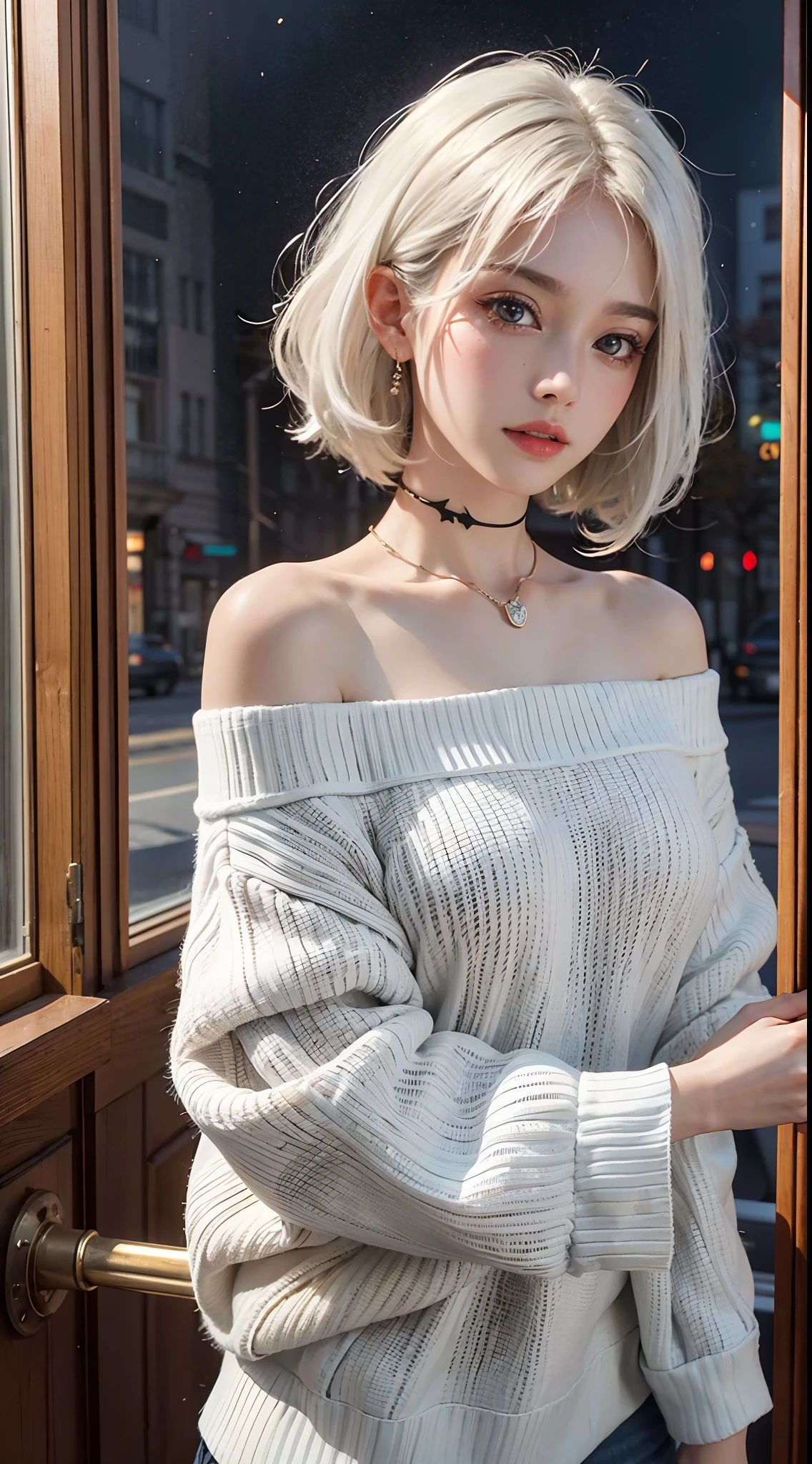 mid-shot, a beautiful woman looking into camera, white hair, off shoulder sweater by Chris Foss autumn lights