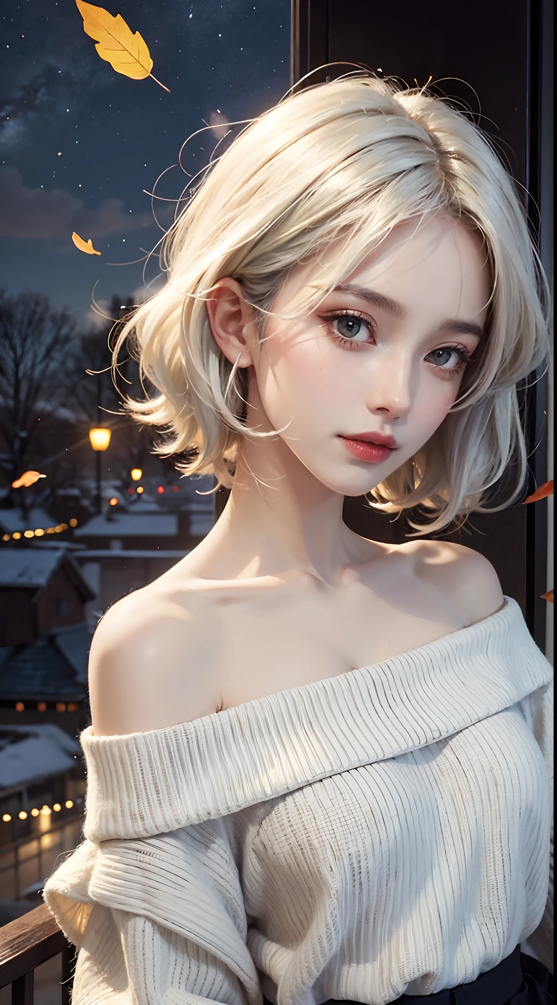 mid-shot, a beautiful woman looking into camera, white hair, off shoulder sweater by Chris Foss autumn lights