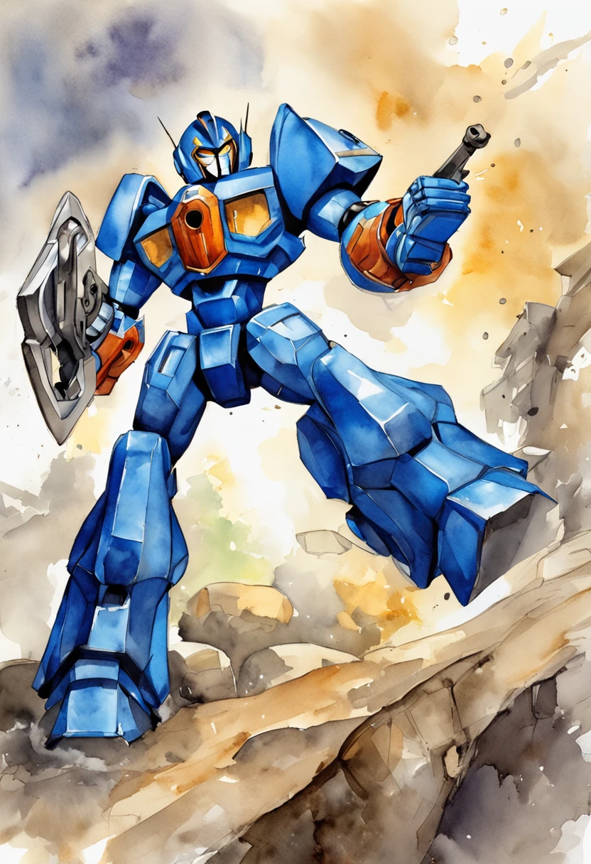 Megaman X, 7 foot tall robot transformers look, full blue armor, full blue helm but open mouth area, large size blue boots up to knee, running at view, large arm weapon aim at view