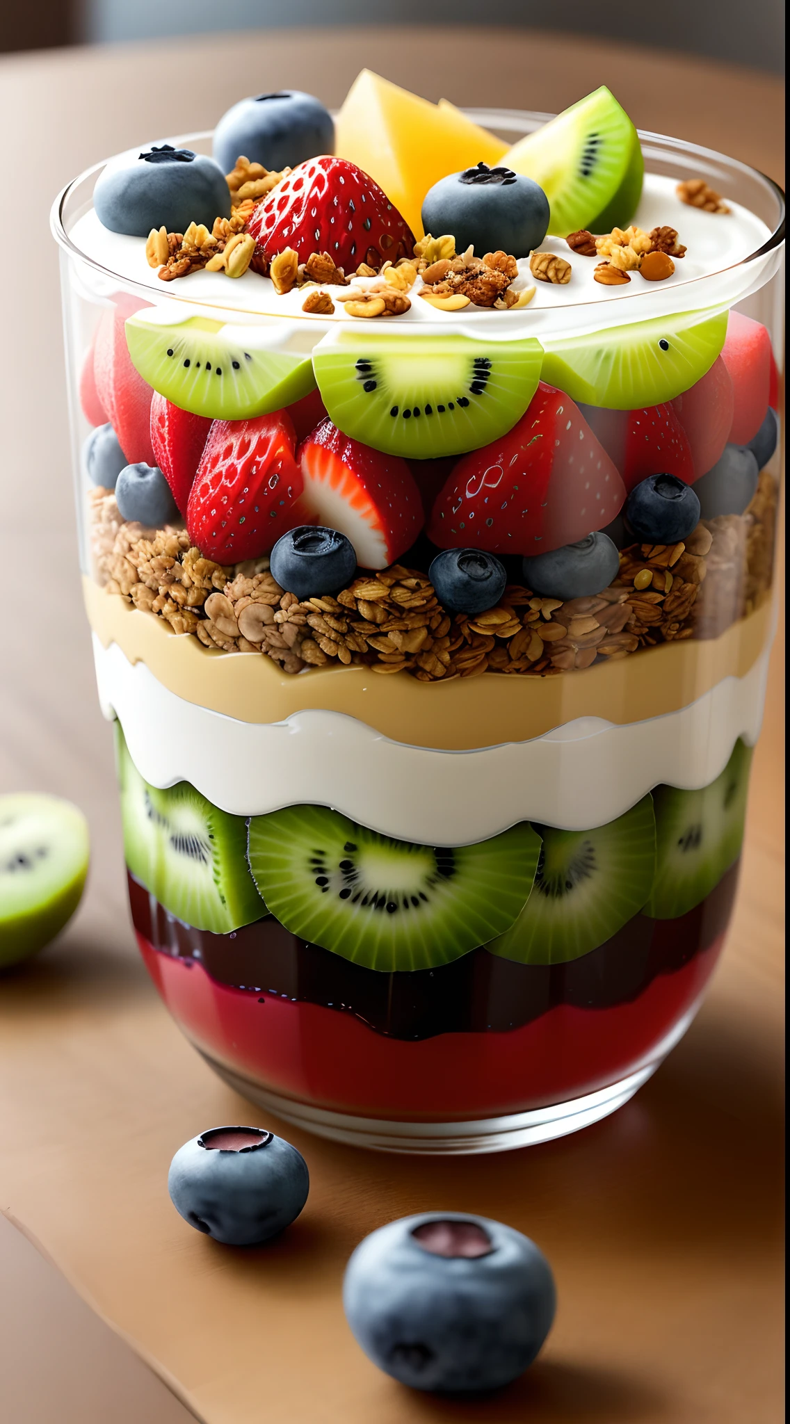 Clear! Here is a visual description of the Yogurt and Fruit Parfait recipe:
A transparent cup or container reveals layers of vibrant colors. At the base is a thick layer of natural low-fat yogurt, with a creamy tone. On top of the yogurt, there is a variety of chopped fresh fruits, such as bright red strawberries, juicy purple blueberries, and pieces of vibrant green kiwi. These fruits add a touch of freshness and an explosion of colors to the dessert. A tablespoon of granola with no added sugar is gently spread over the fruits, adding crunch and texture. Finally, small chia seeds are sprinkled over the granola, adding a touch of visual contrast. At the top of the glass, you can see the combination of colorful layers, creating an attractive, balanced and delicious dessert.