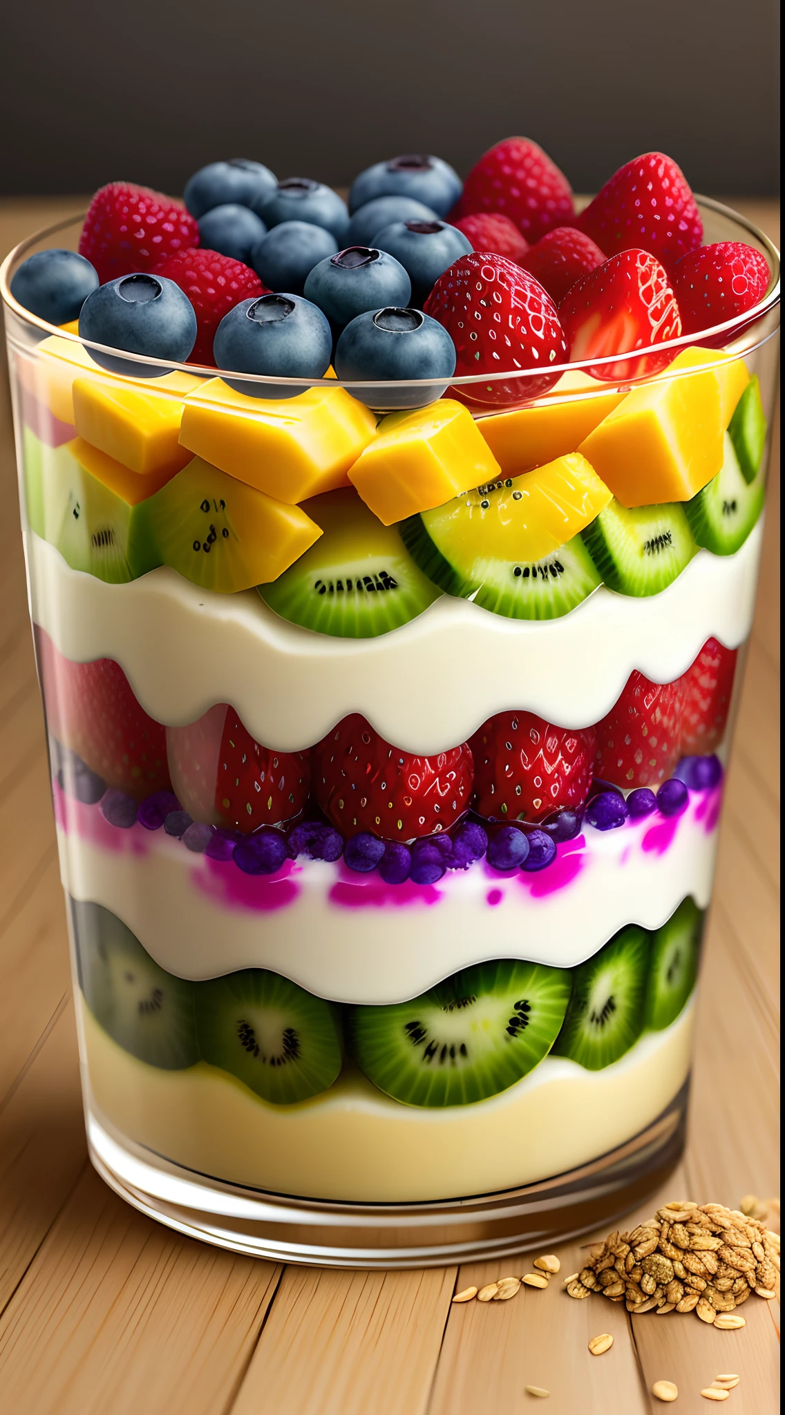 Clear! Here is a visual description of the Yogurt and Fruit Parfait recipe:

A transparent cup or container reveals layers of vibrant colors. At the base is a thick layer of natural low-fat yogurt, with a creamy tone. On top of the yogurt, there is a variety of chopped fresh fruits, such as bright red strawberries, juicy purple blueberries, and pieces of vibrant green kiwi. These fruits add a touch of freshness and an explosion of colors to the dessert. A tablespoon of granola with no added sugar is gently spread over the fruits, adding crunch and texture. Finally, small chia seeds are sprinkled over the granola, adding a touch of visual contrast. At the top of the glass, you can see the combination of colorful layers, creating an attractive, balanced and delicious dessert.