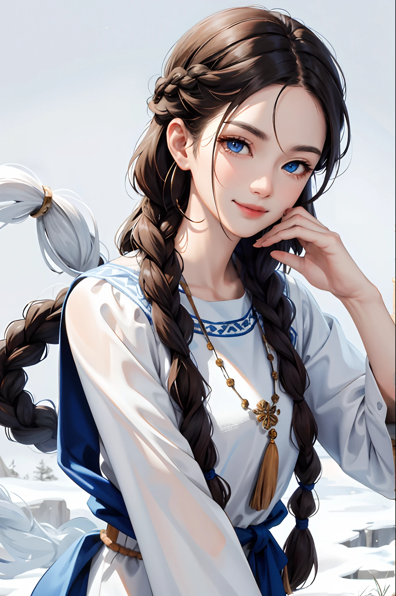 (masterpiece:1.2, best quality), (real picture, intricate details), 1lady, solo, upper body, casual, long hair, minimal makeup, natural fabrics, close-up face, smile, cold, snow, beautiful woman, long dark brown hair, long braids, two long braids, tan skin, Inuit, Inuit clothing, blue Inuit clothing, waterbender, blue eyes