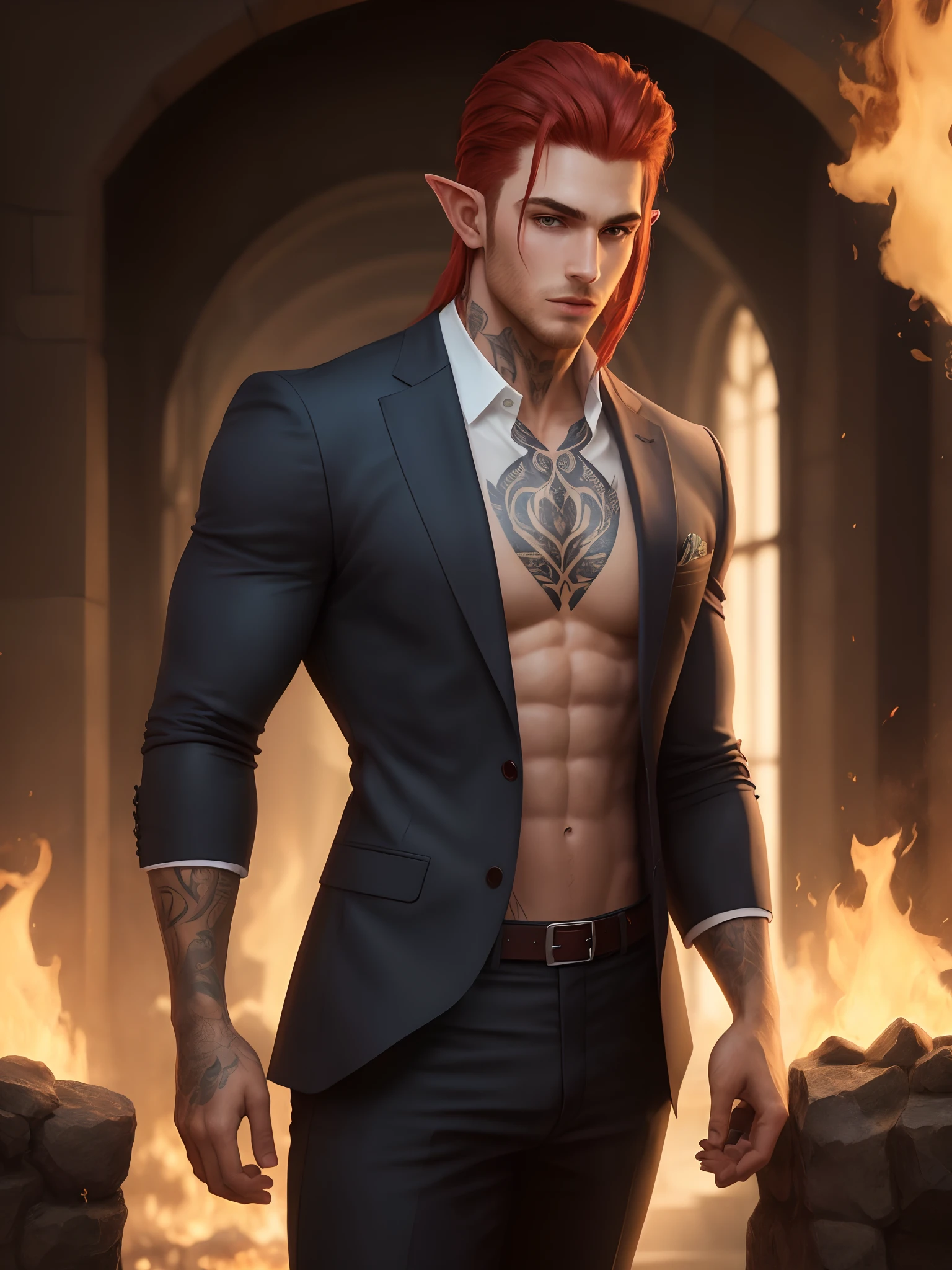 Red hair, Haired,man, handsome ,thin,wearing a suit, muscular,elf,fantasy, fire, elf, art,magic, tattoos