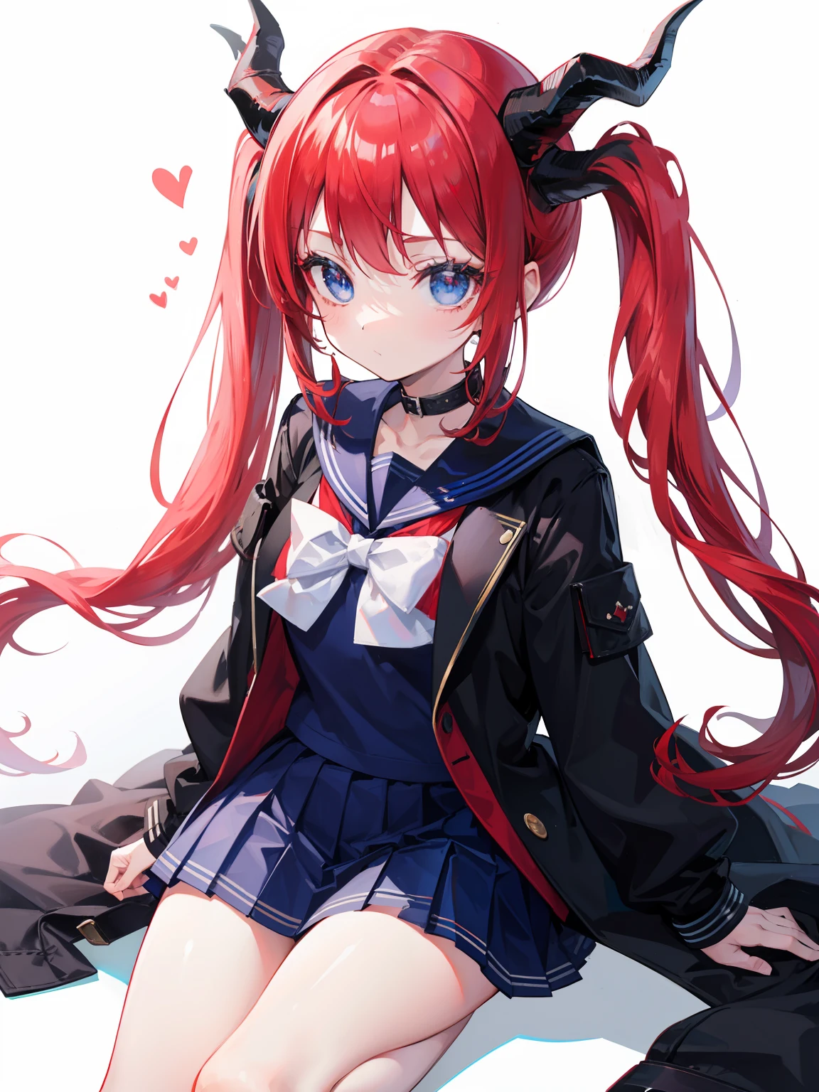 red hair, blue eyes, twintails, Sailor suit,black coat, Dragon horns,Pleated skirt,solo,loli,cute,bow