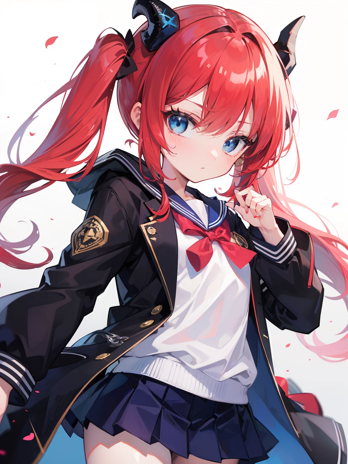 red hair, blue eyes, twintails, Sailor suit,black coat, Dragon horns,Pleated skirt,solo,li,cute,bow