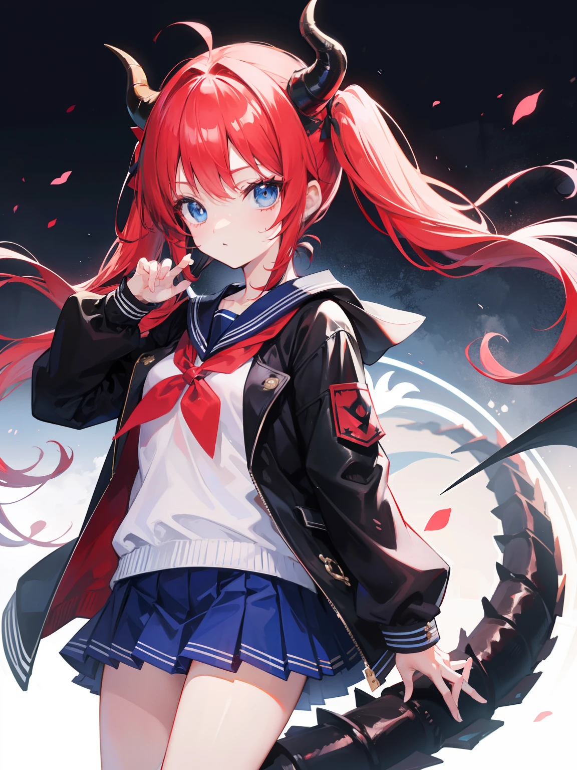 red hair, blue eyes, twintails, Sailor suit,black coat, Dragon horns,Pleated skirt,solo,li,cute,bow